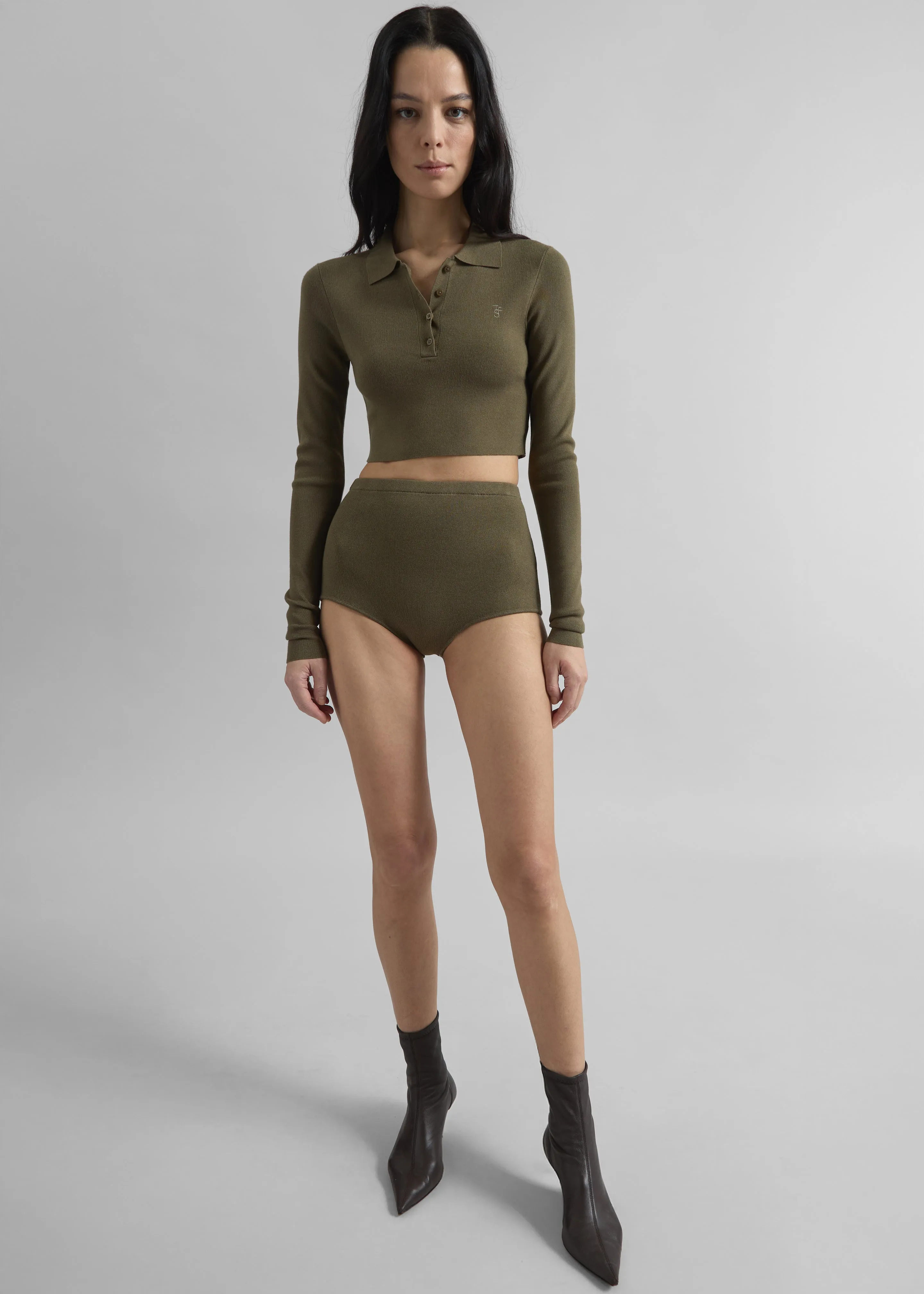 Giselle Cropped Knit Polo - Khaki sold by Frankie Shop