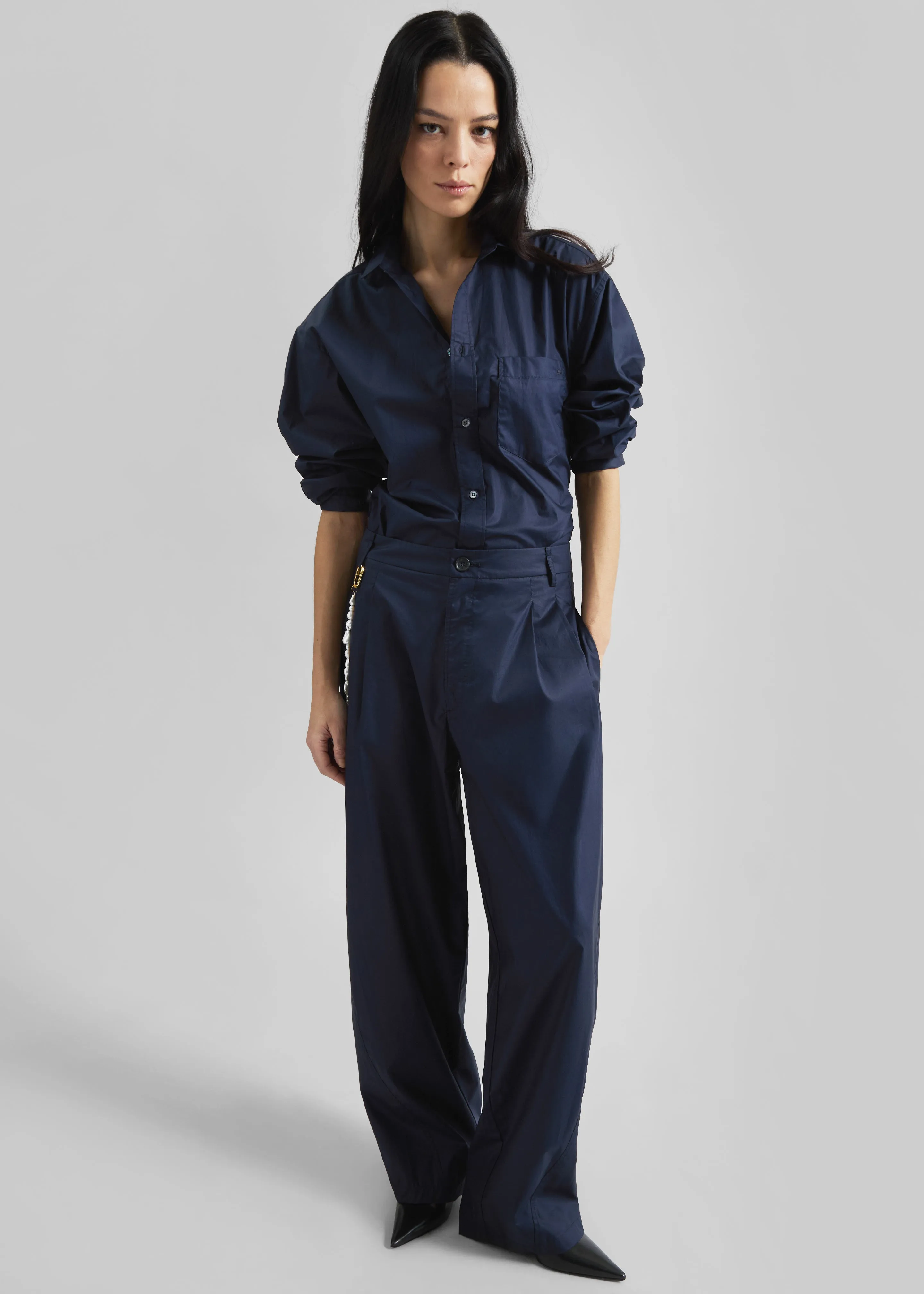 Darkpark Phebe Pearl Adorned Wide-Leg Pants - Blue Navy sold by Frankie Shop