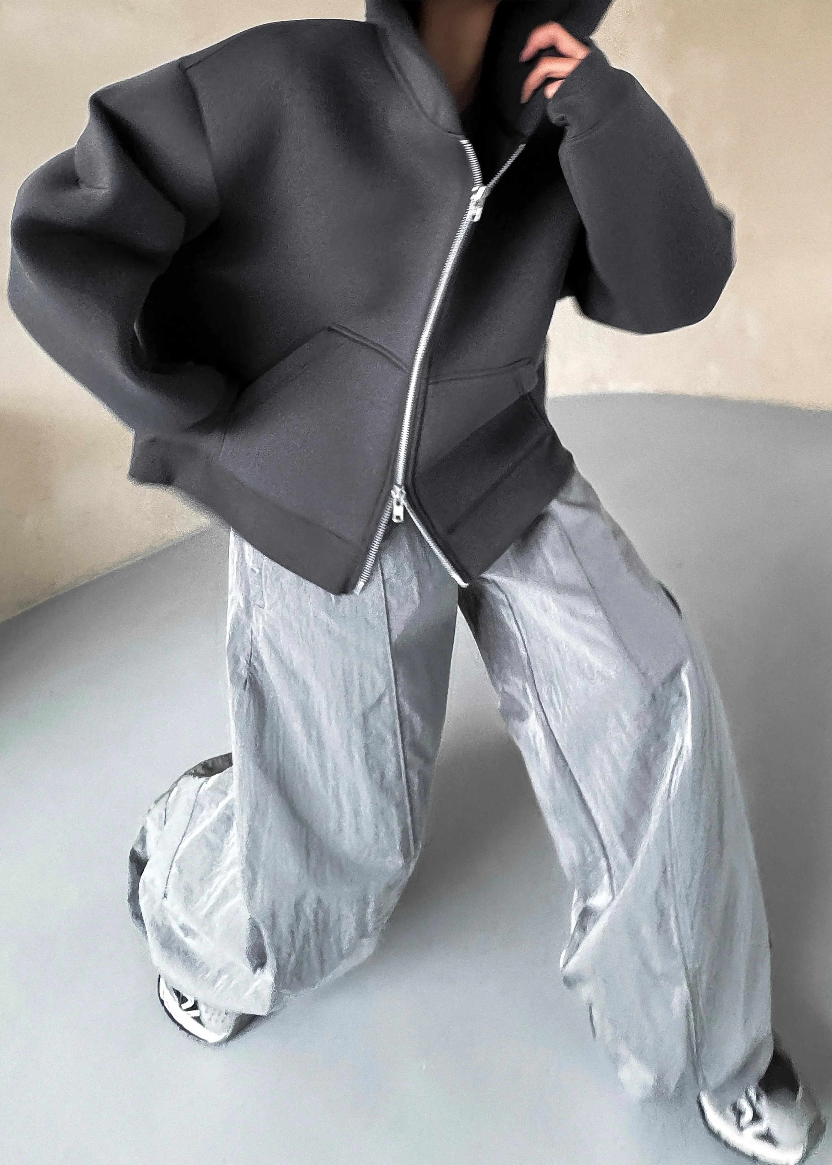 Calder Neoprene Zip-Up Hoodie - Grey sold by Frankie Shop product image thumbnail 3