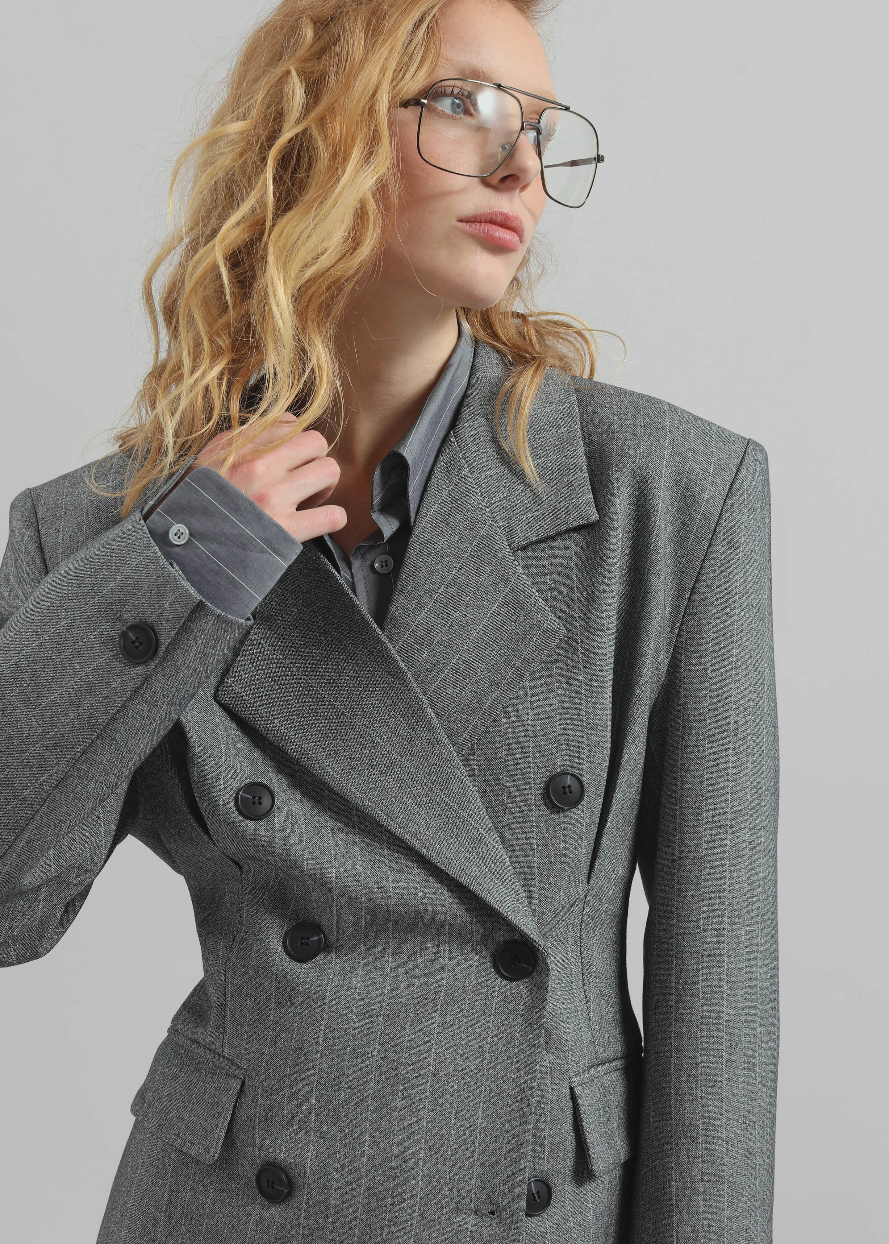 Tenby Striped Cinched Blazer - Grey Melange sold by Frankie Shop