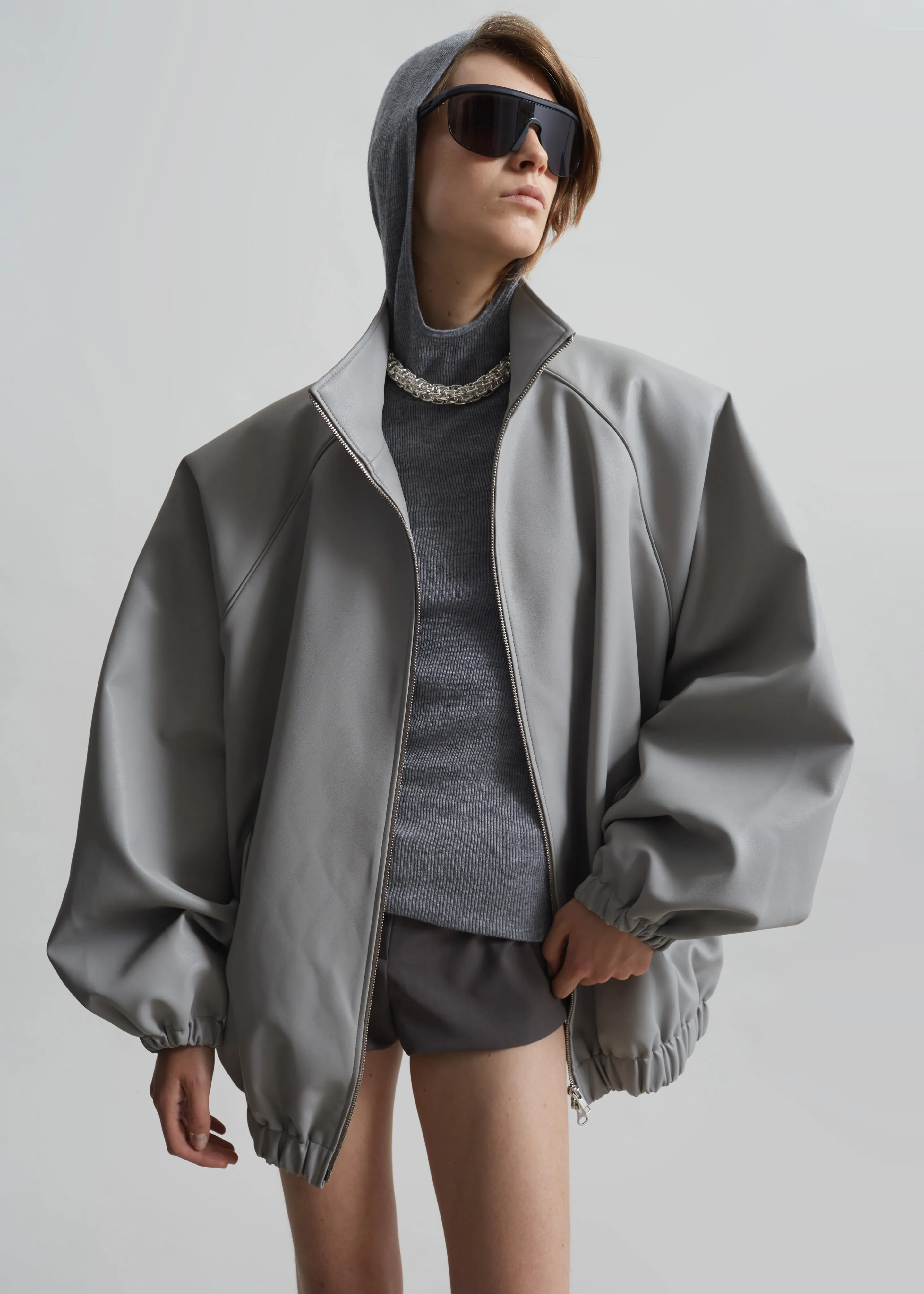 Senta Faux Leather Bomber - Light Grey sold by Frankie Shop