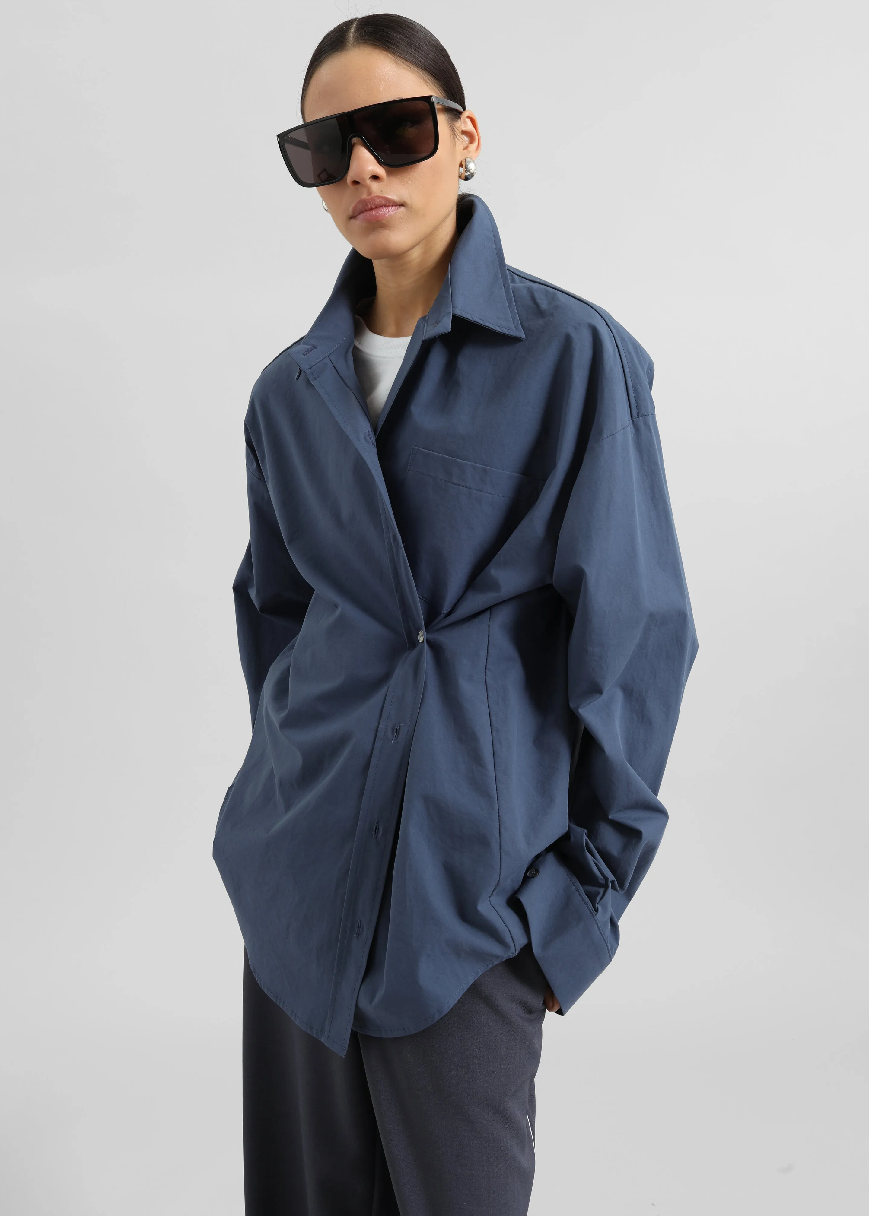 Volda Asymmetric Button-Up Shirt - Navy sold by Frankie Shop