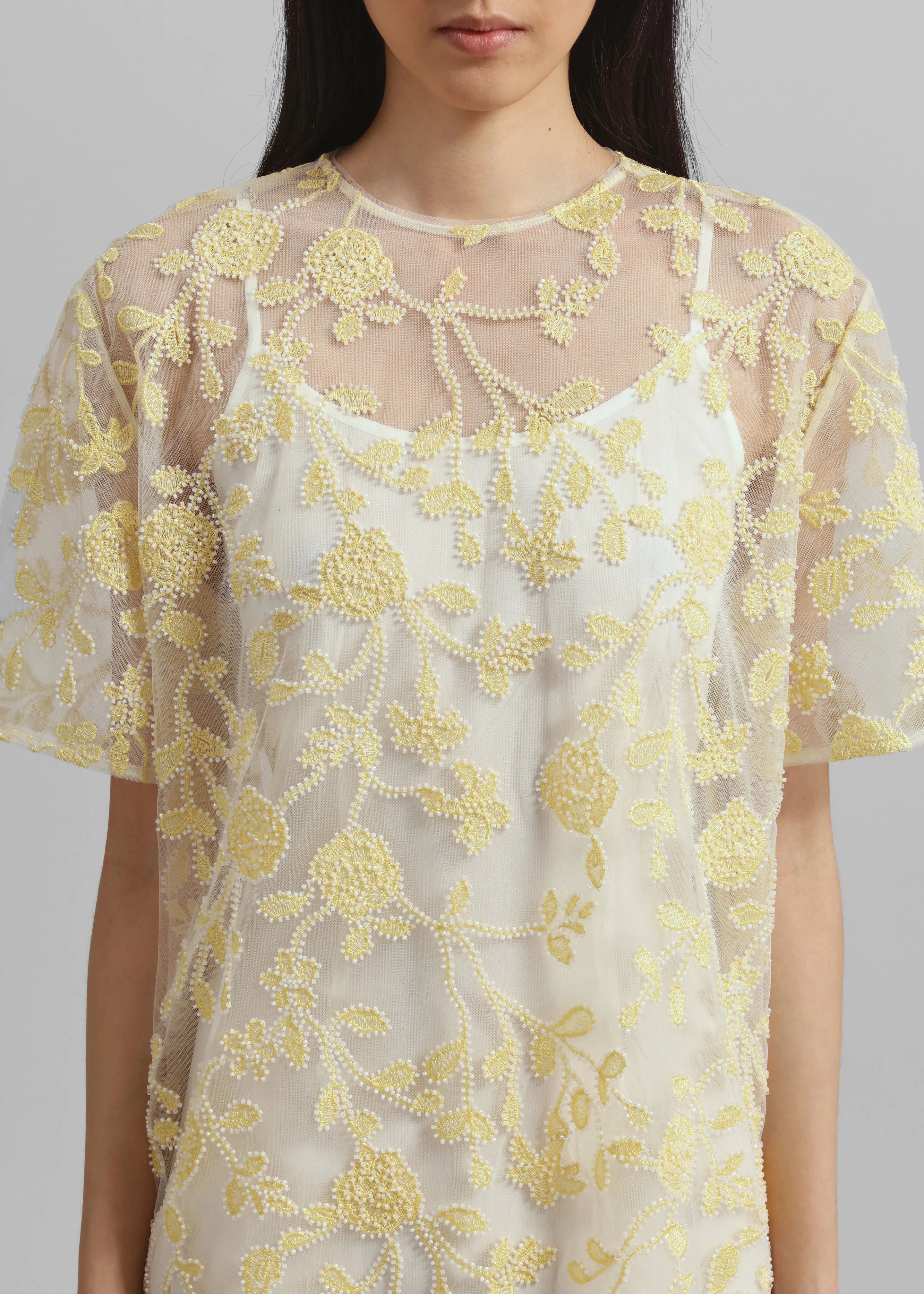 Rotate Flower Beads Boxy Dress - Egret Comb sold by Frankie Shop product image thumbnail 3