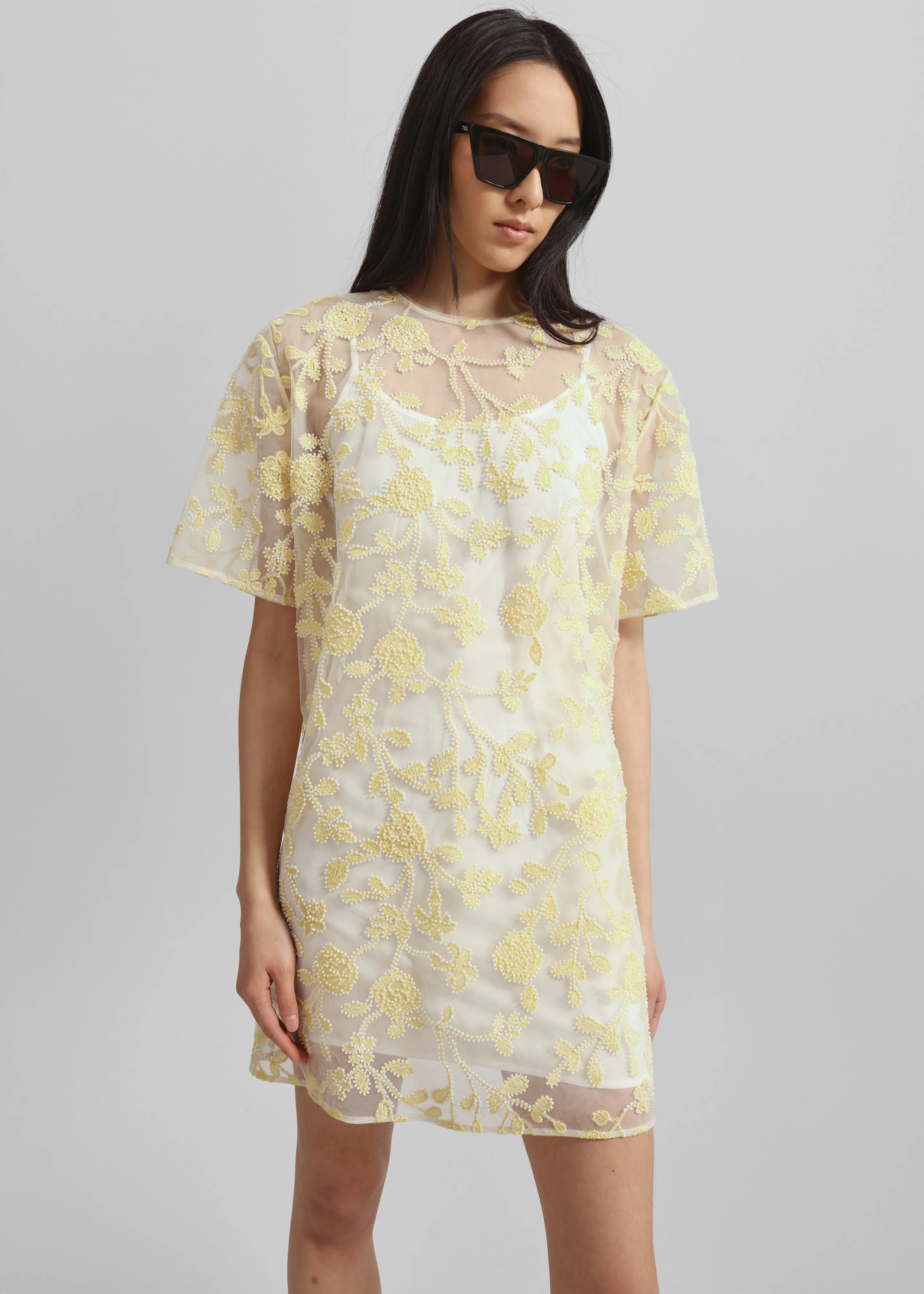 Rotate Flower Beads Boxy Dress - Egret Comb sold by Frankie Shop