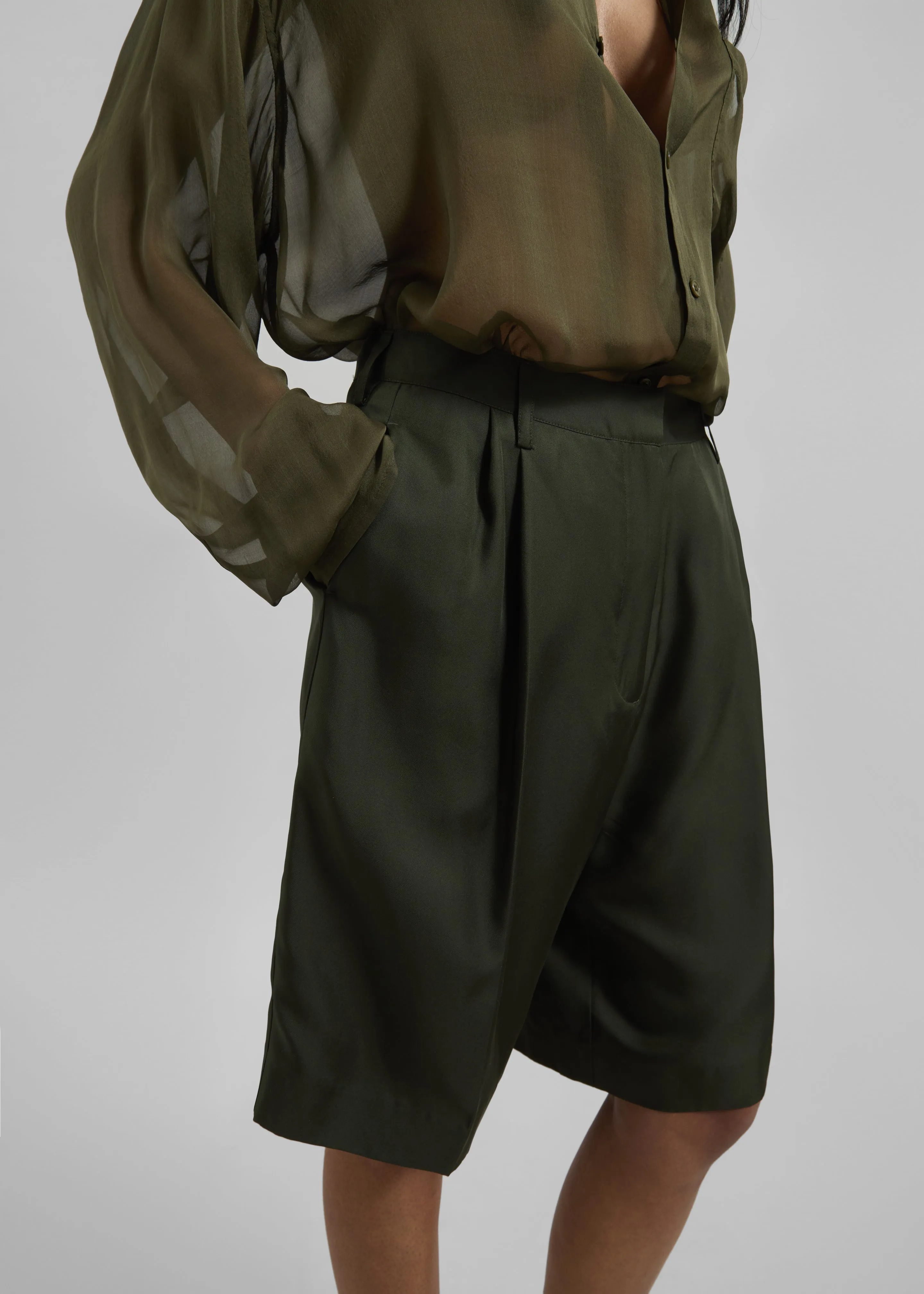 Marfa Pleated Silk Bermuda Shorts - Khaki sold by Frankie Shop product image thumbnail 3