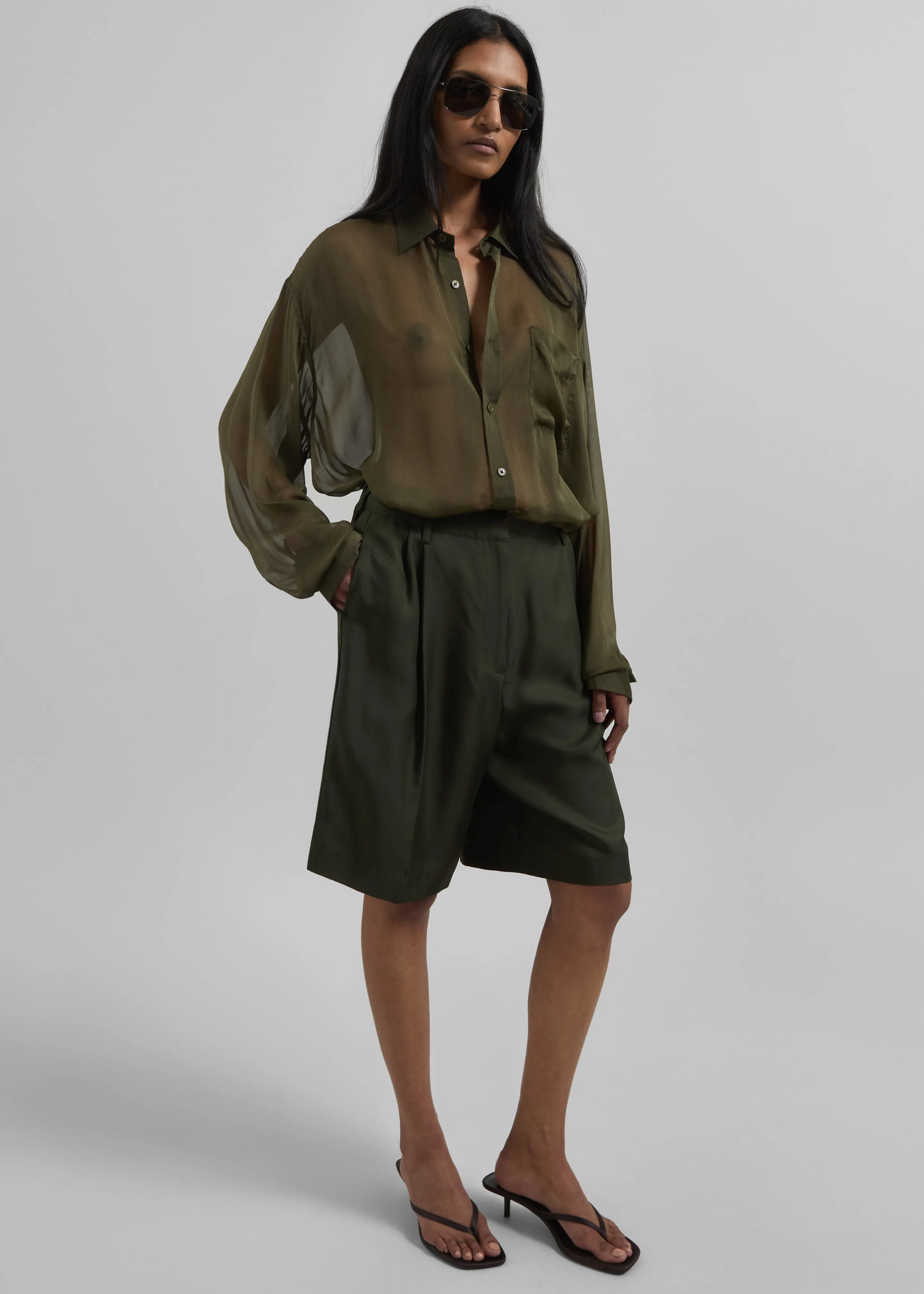 Marfa Pleated Silk Bermuda Shorts - Khaki sold by Frankie Shop