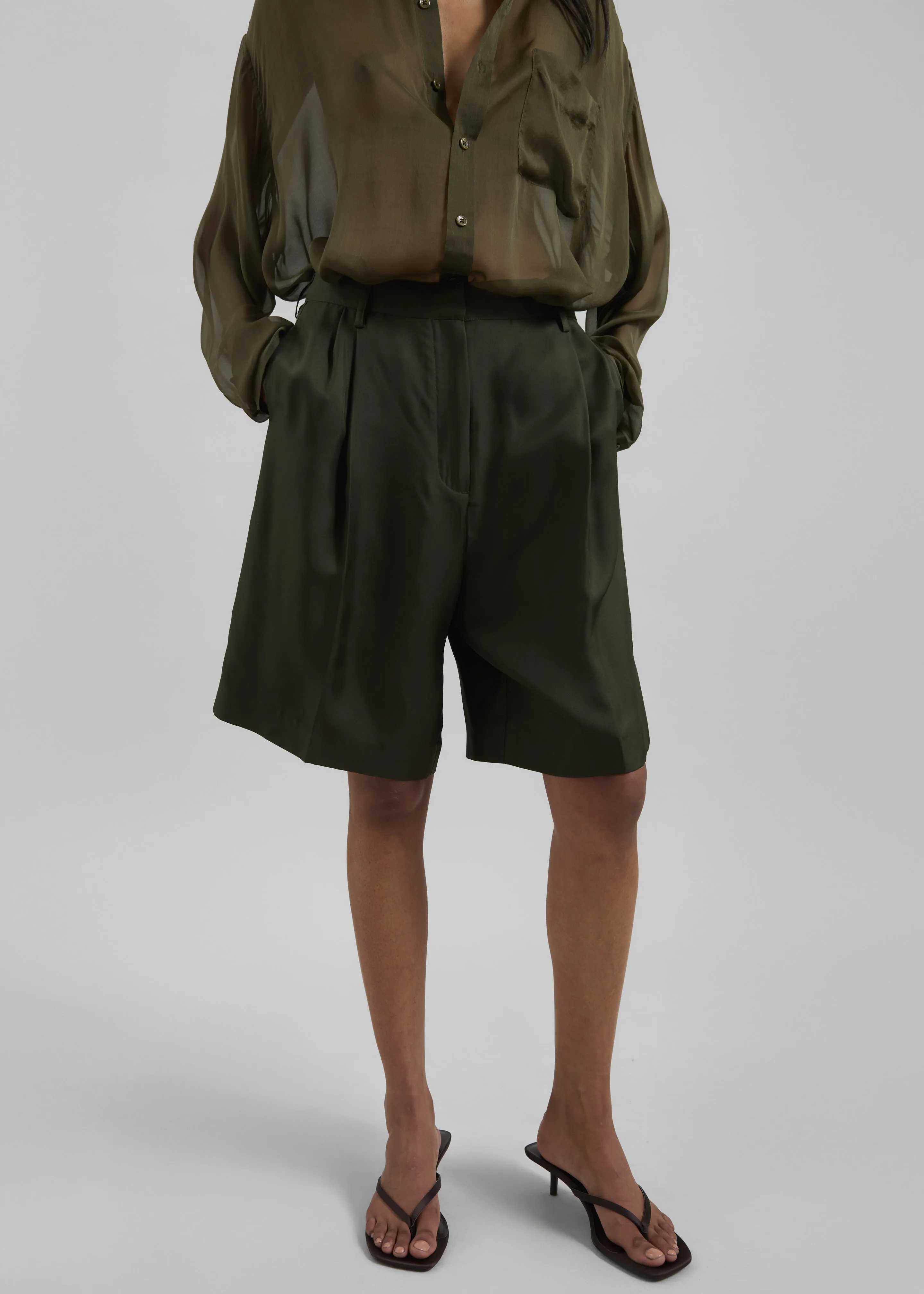 Marfa Pleated Silk Bermuda Shorts - Khaki sold by Frankie Shop product image thumbnail 2