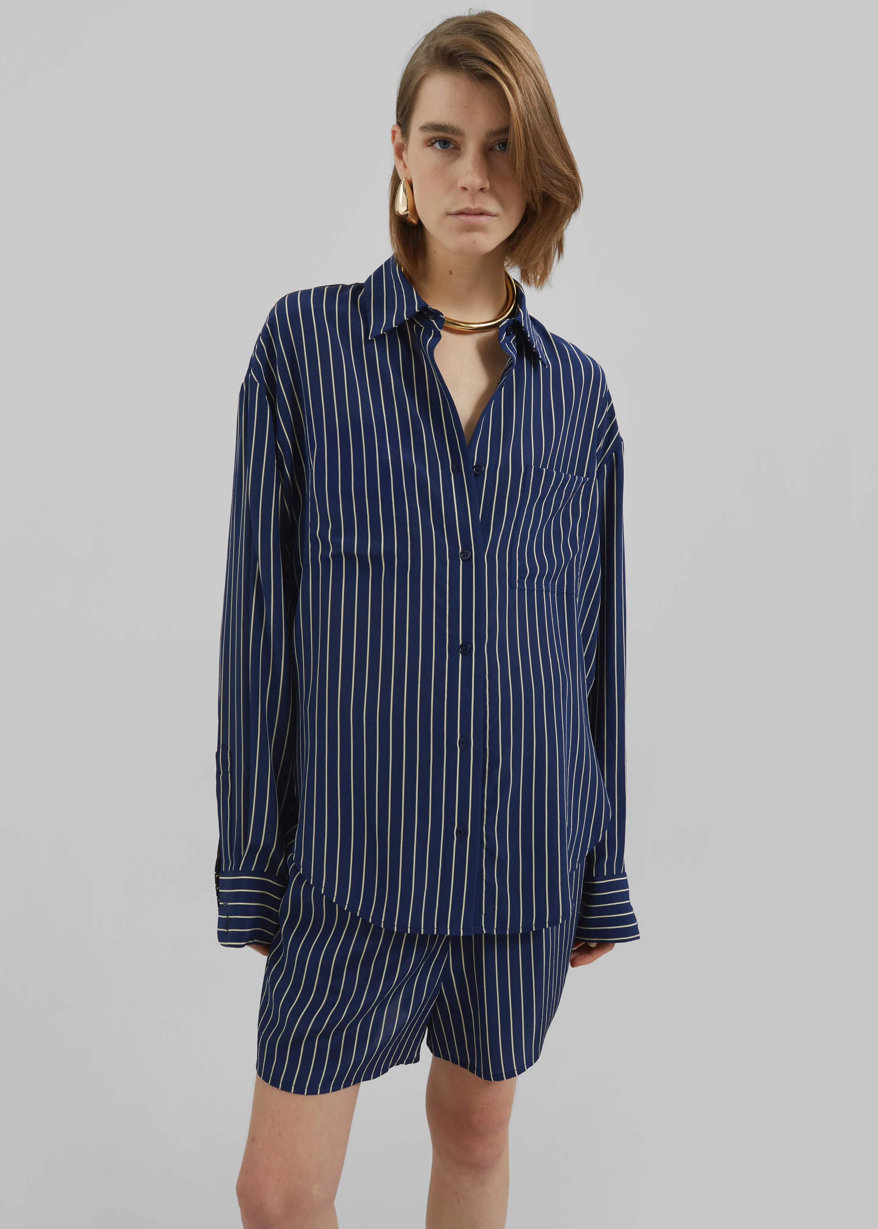 Lui Striped Shirt - Navy/Beige Pinstripe sold by Frankie Shop