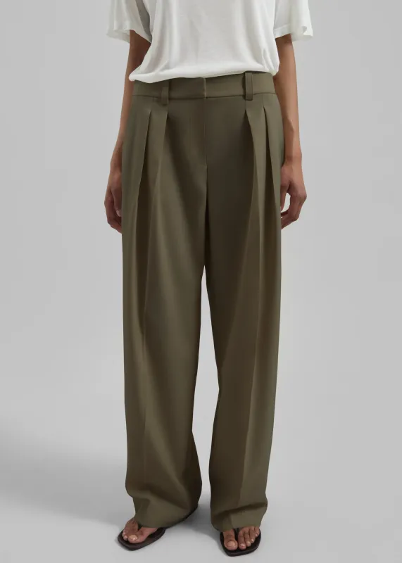 Daytona Pleated Wool Trousers - Khaki sold by Frankie Shop