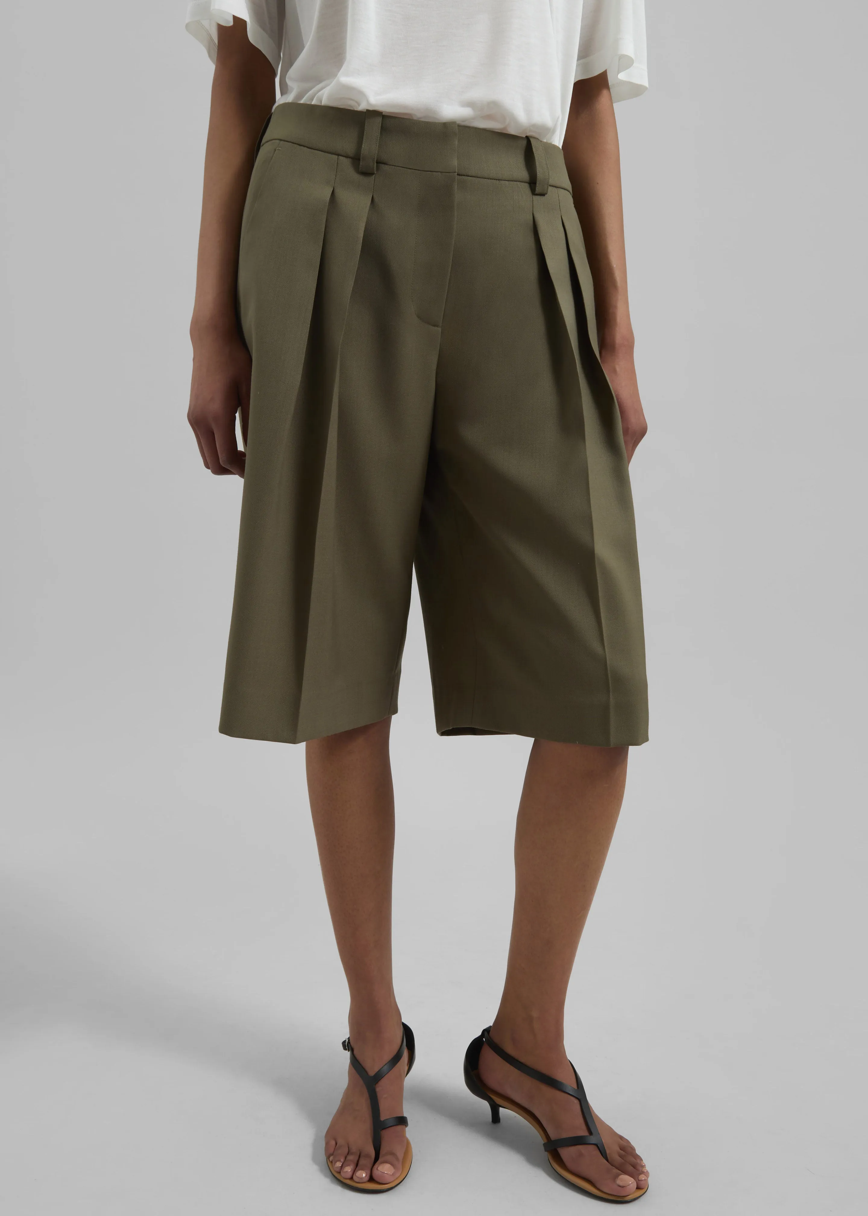 Bilbao Pleated Wool Bermuda Shorts - Khaki sold by Frankie Shop product image thumbnail 2