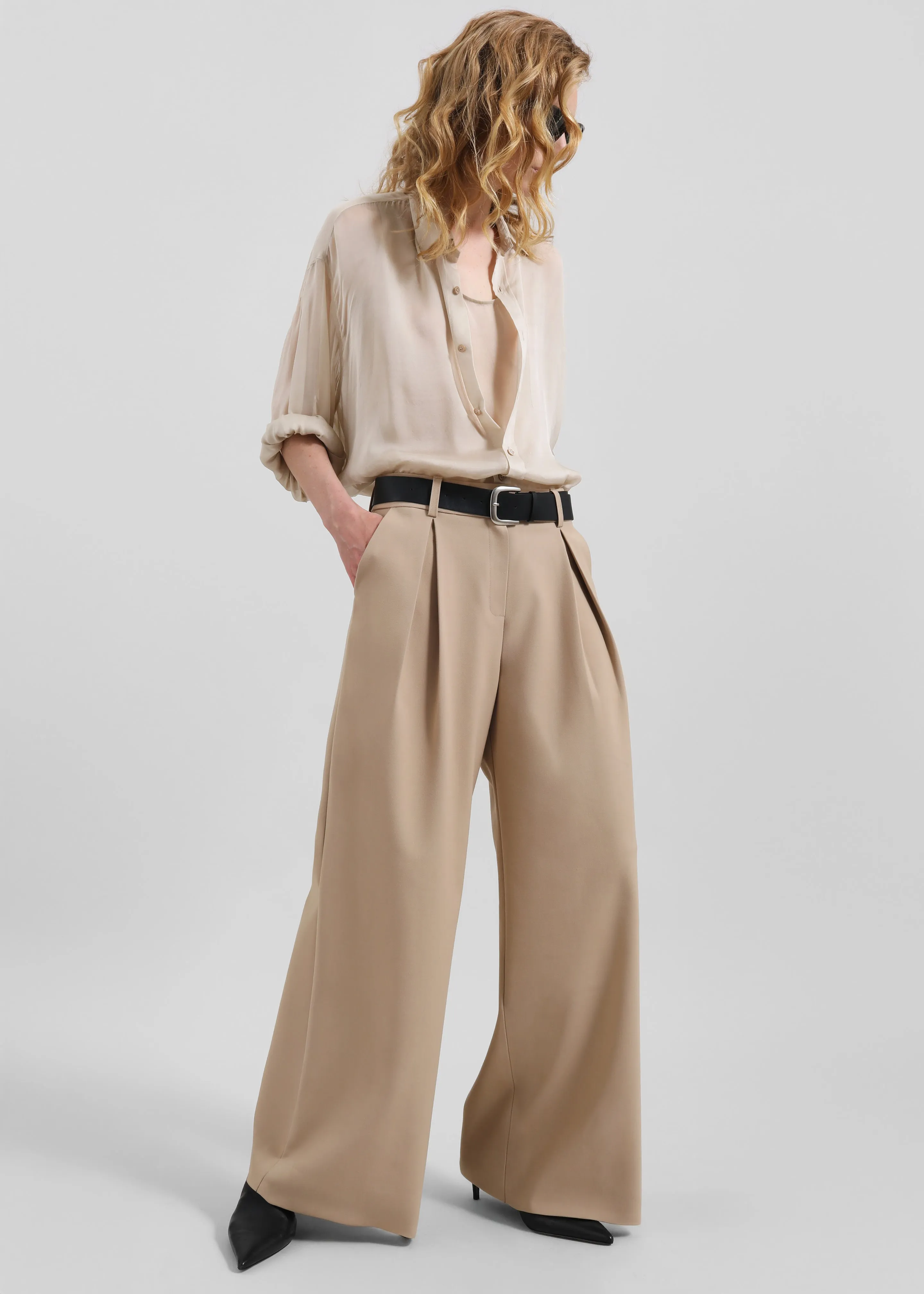 Varen Belted Wide Trousers - Beige sold by Frankie Shop