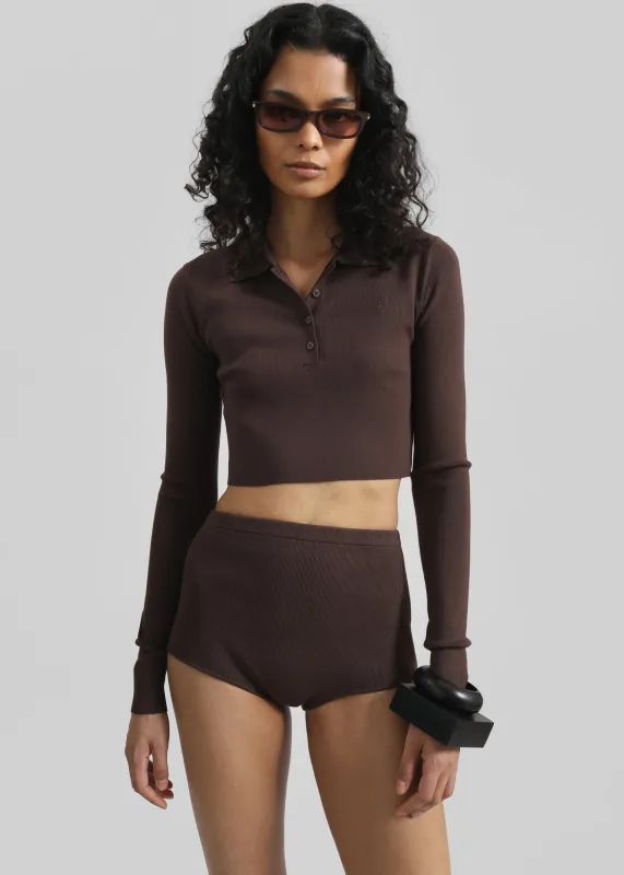 Giselle Cropped Knit Polo - Brown sold by Frankie Shop