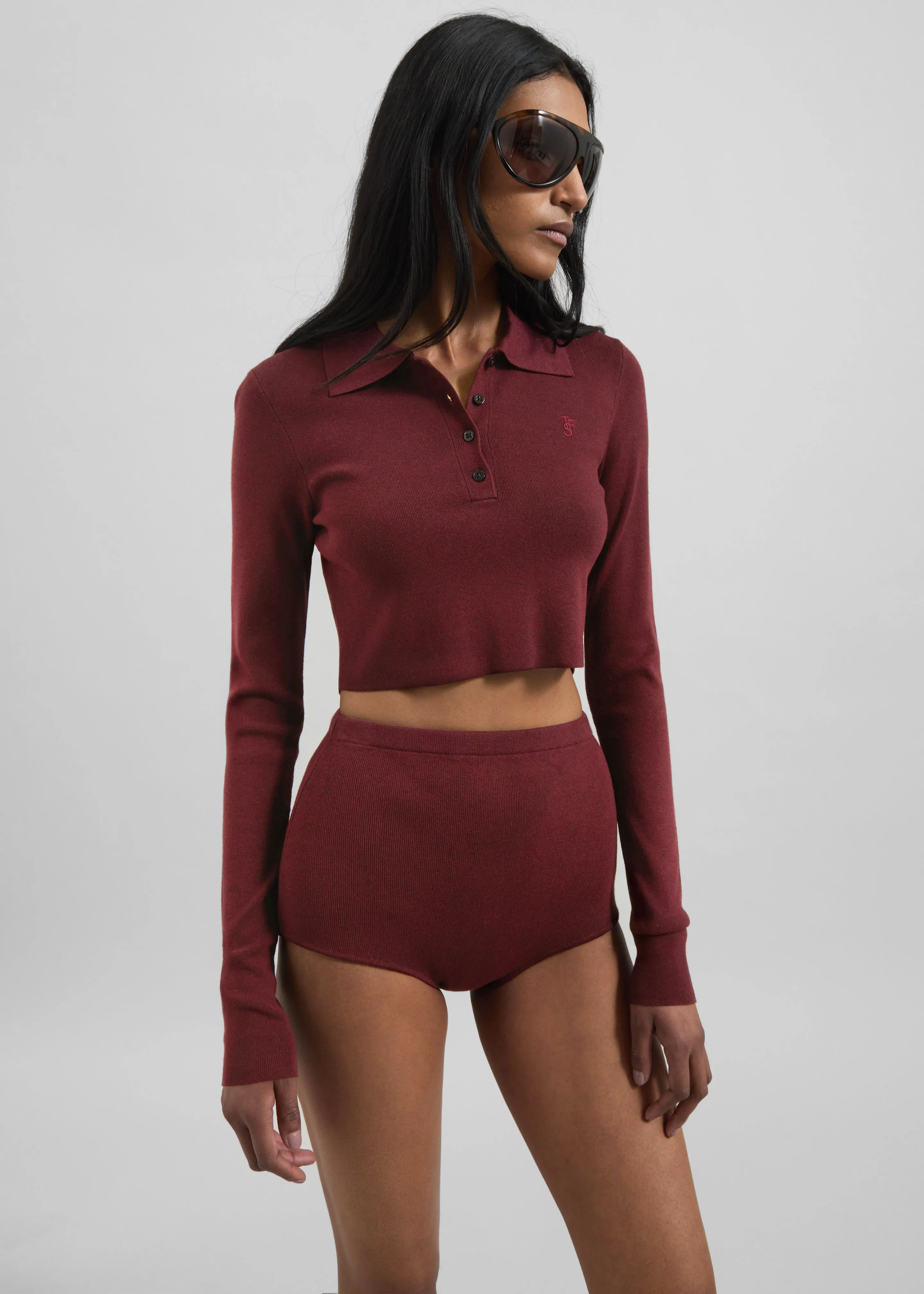 Giselle Cropped Knit Polo - Burgundy sold by Frankie Shop product image thumbnail 4