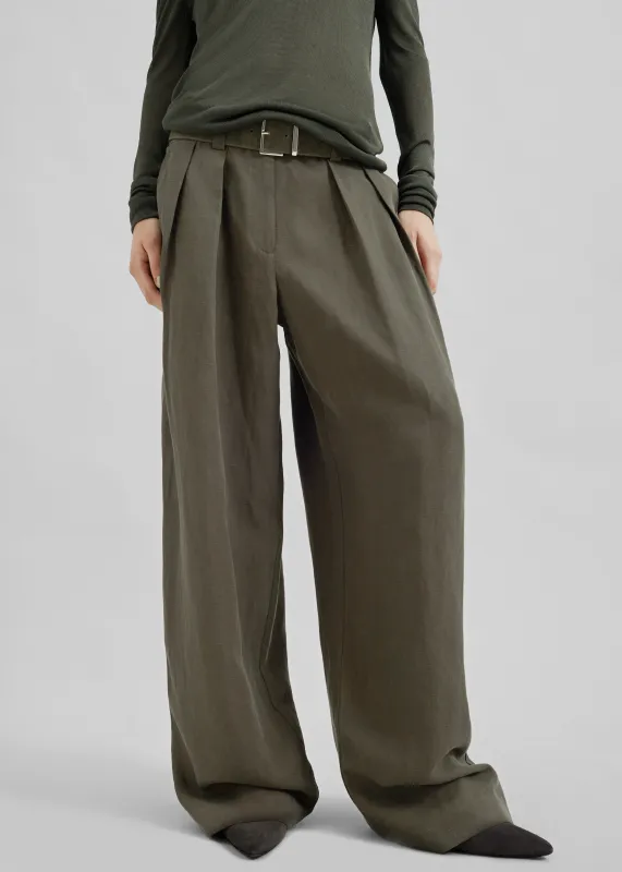 Daytona Pleated Linen Trousers - Khaki sold by Frankie Shop