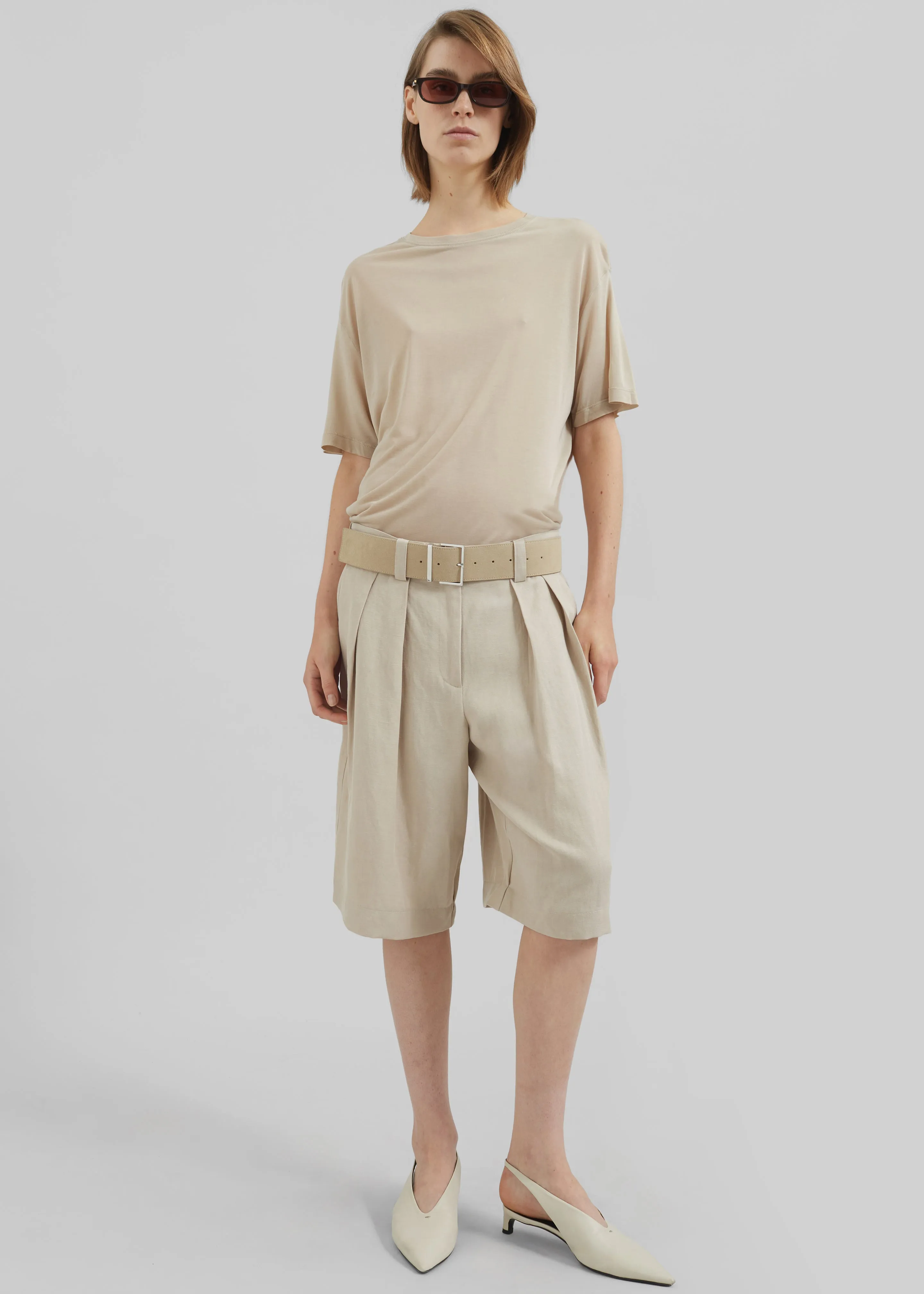 Bilbao Pleated Linen Bermuda Shorts - Cement sold by Frankie Shop