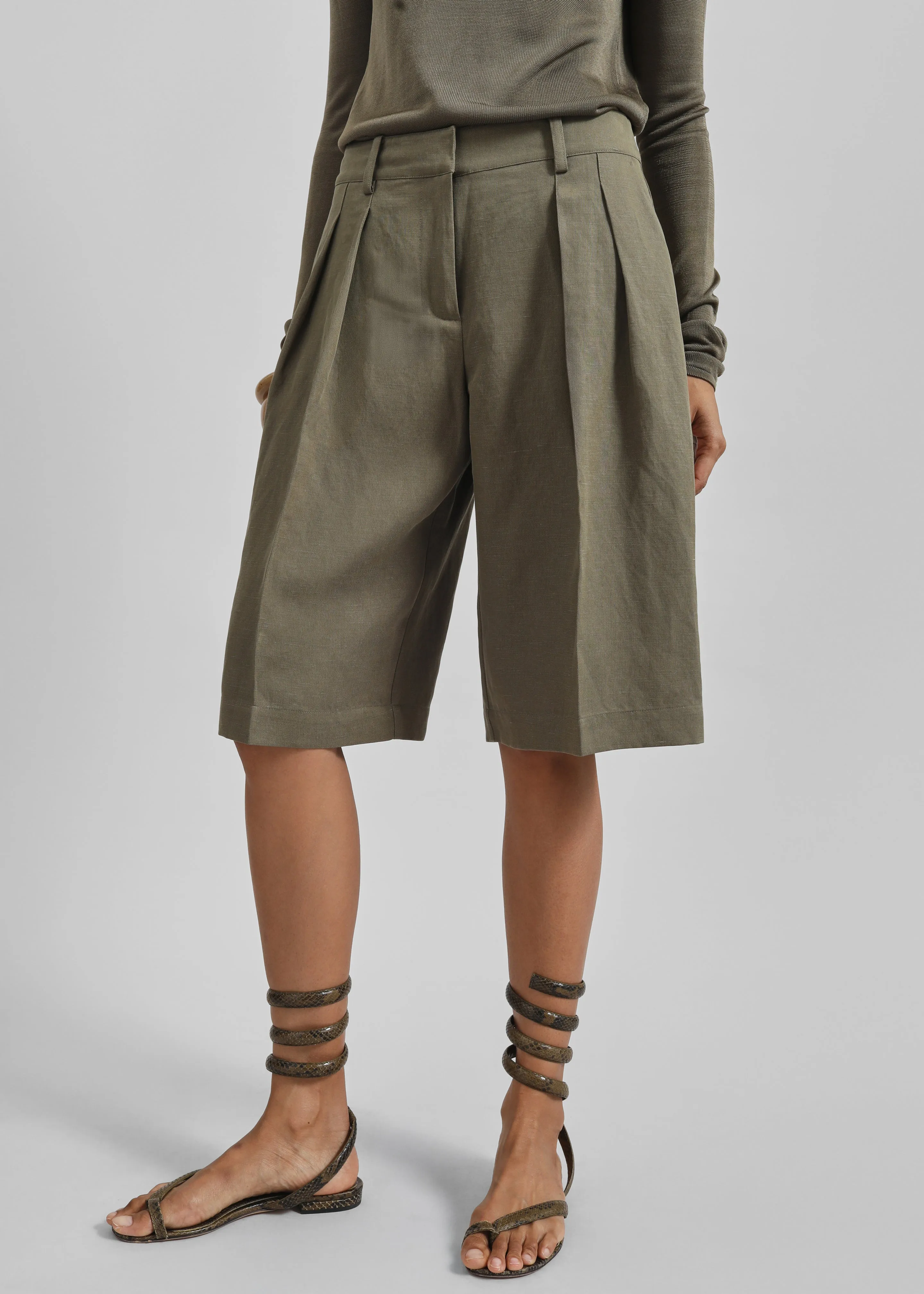 Bilbao Pleated Linen Bermuda Shorts - Khaki sold by Frankie Shop product image thumbnail 2