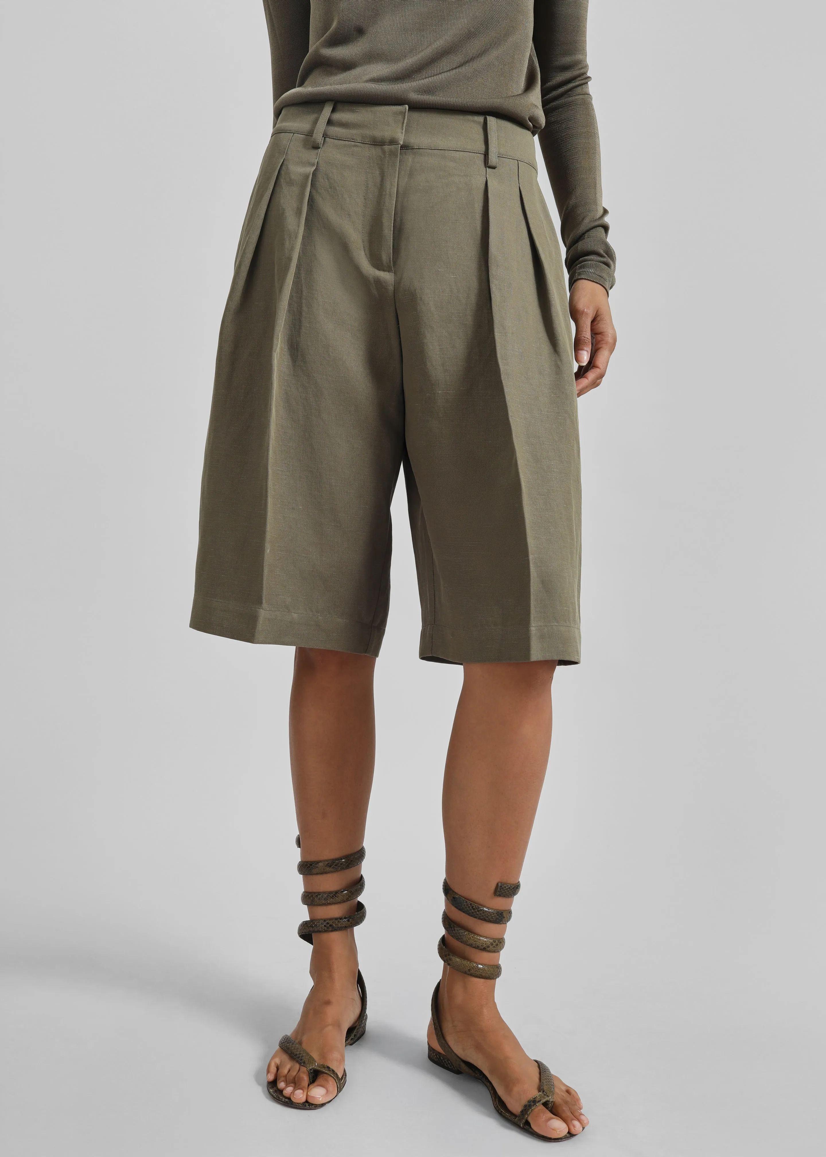 Bilbao Pleated Linen Bermuda Shorts - Khaki sold by Frankie Shop product image thumbnail 5