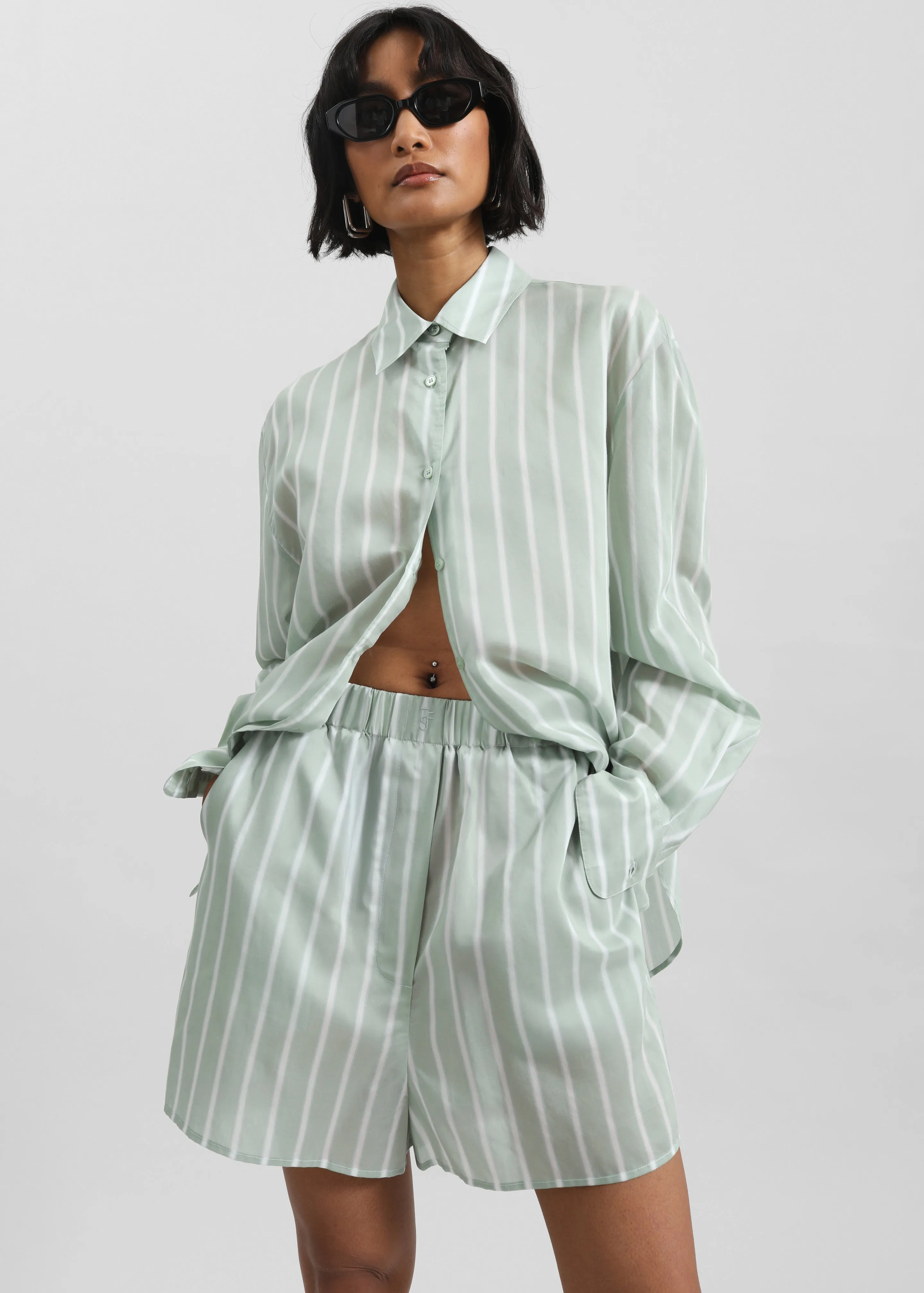 Lui Silk Boxer Shorts - Green Stripe sold by Frankie Shop