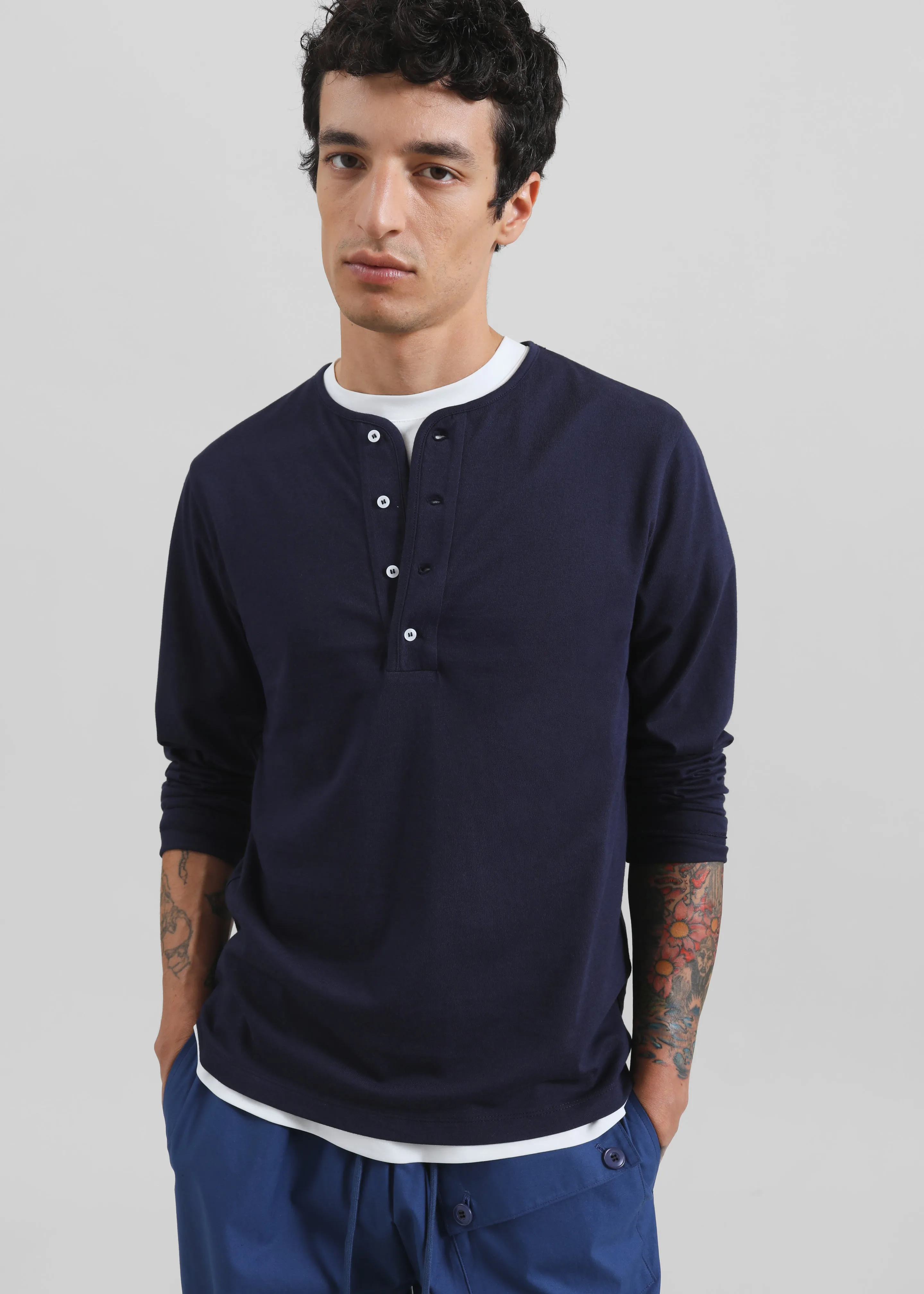 Whitby Modal-Blend Henley T-Shirt - Navy sold by Frankie Shop