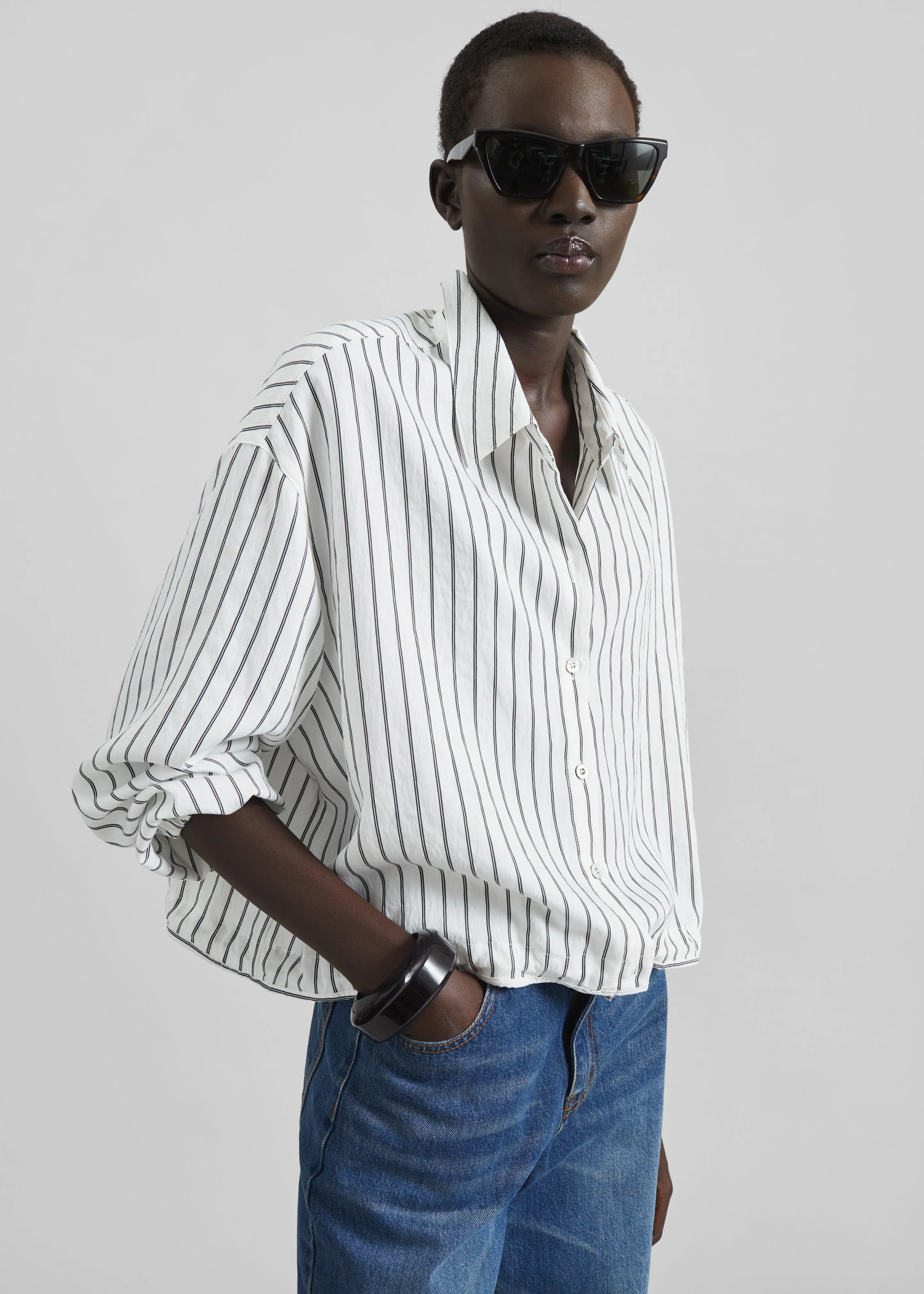 Manisa Cropped Drawstring Shirt - White/Black Stripe sold by Frankie Shop product image thumbnail 3