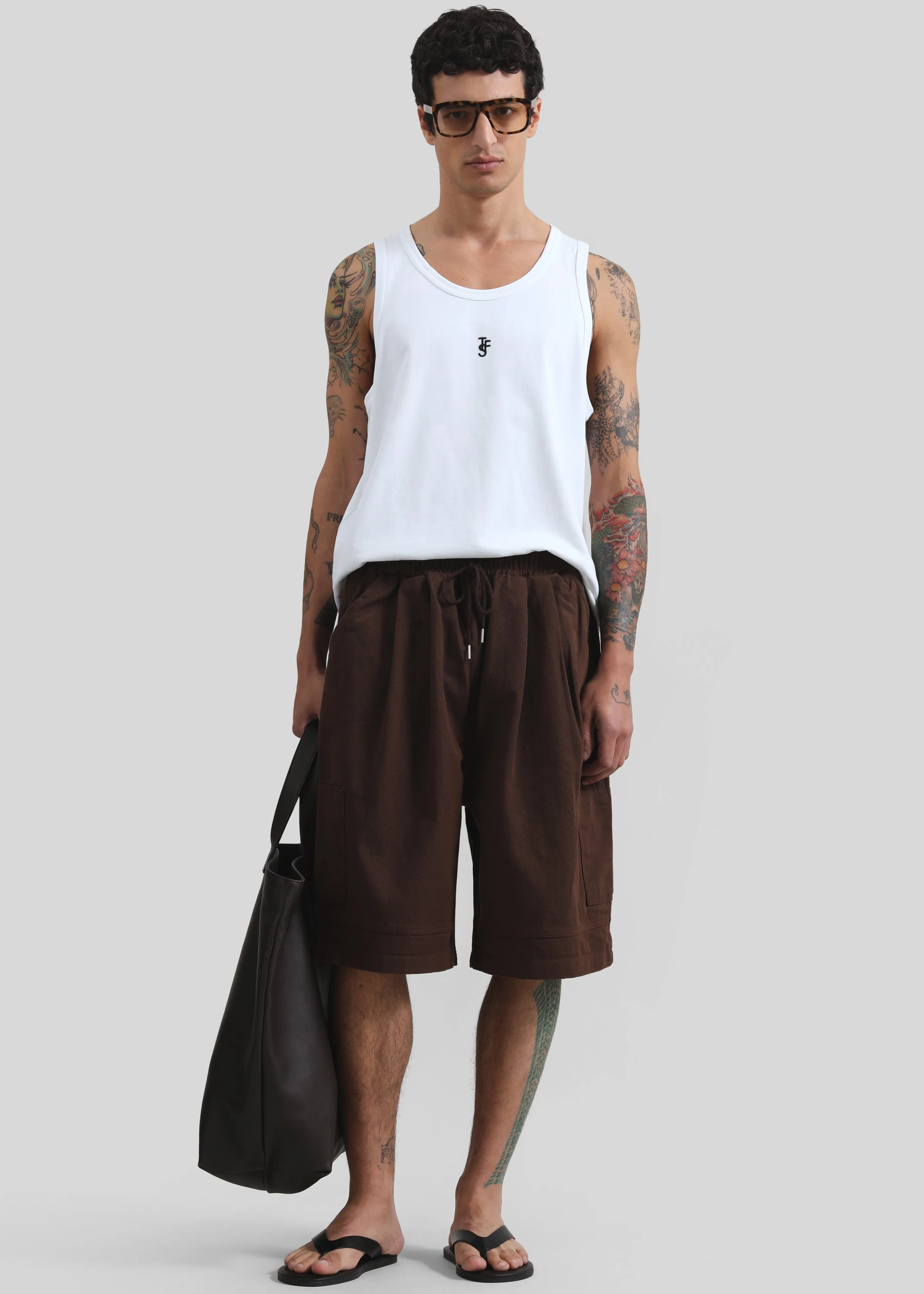 Esher Denim Bermuda Shorts - Beige/Brown Stripe sold by Frankie Shop