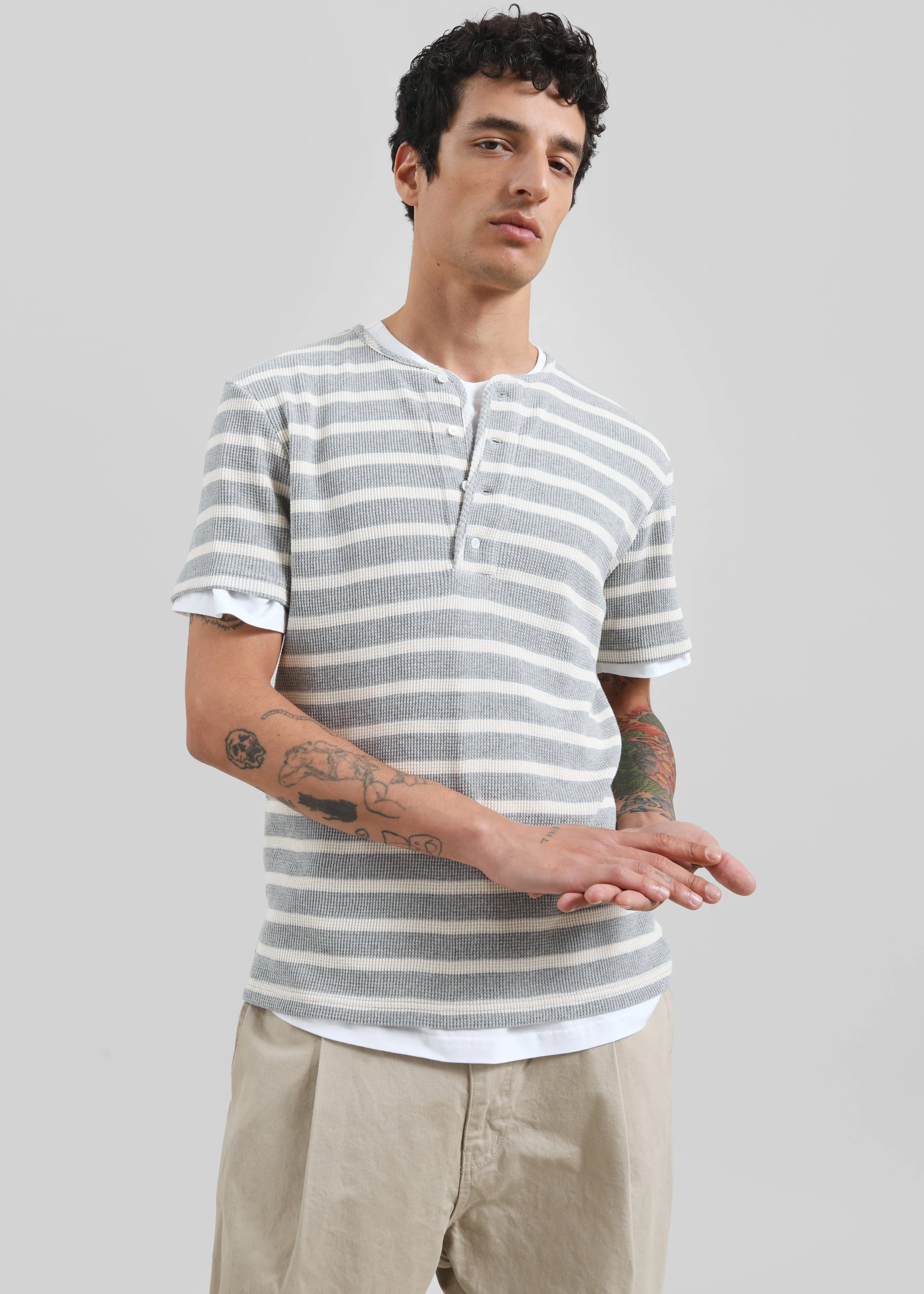 Albury Ribbed Cotton Henley T-Shirt - Grey/White Stripe sold by Frankie Shop product image thumbnail 4