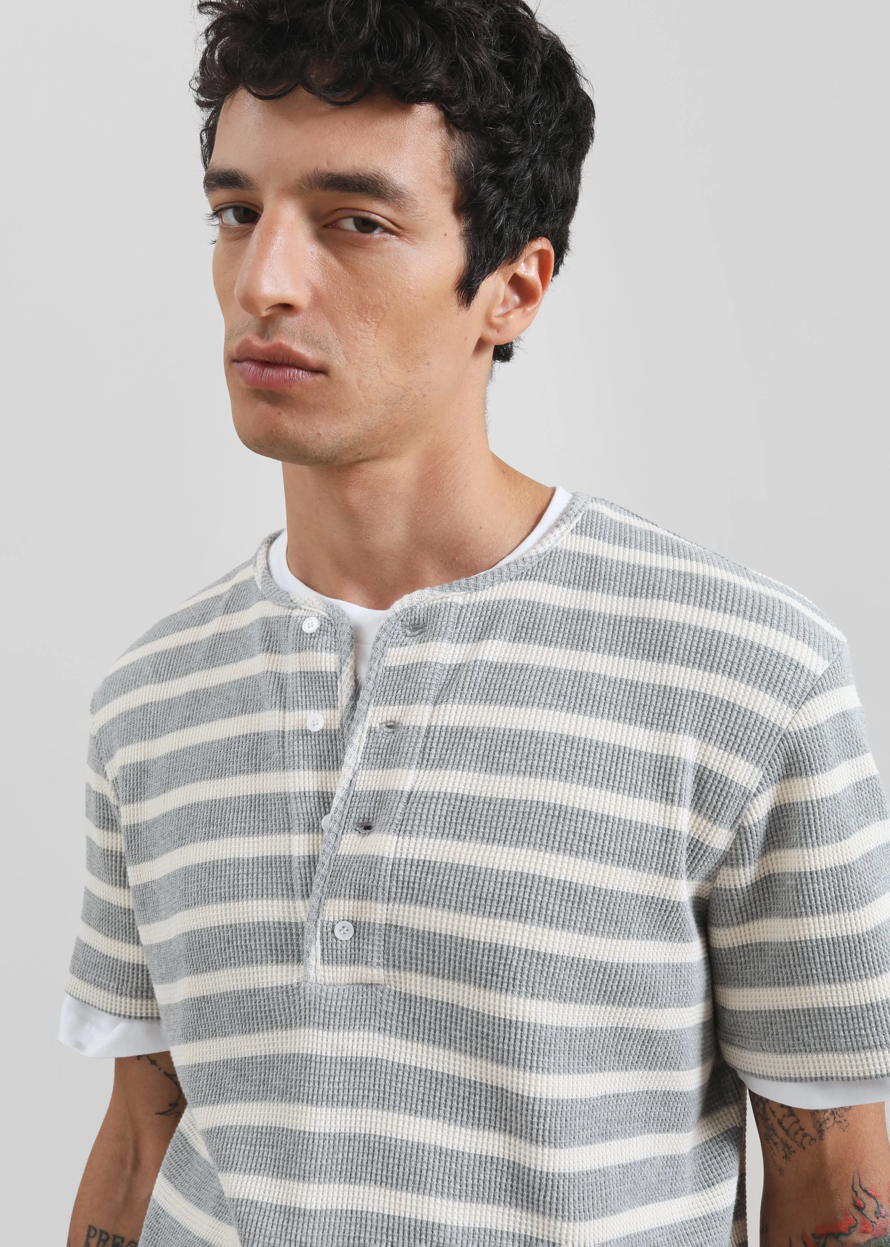Albury Ribbed Cotton Henley T-Shirt - Grey/White Stripe sold by Frankie Shop product image thumbnail 2