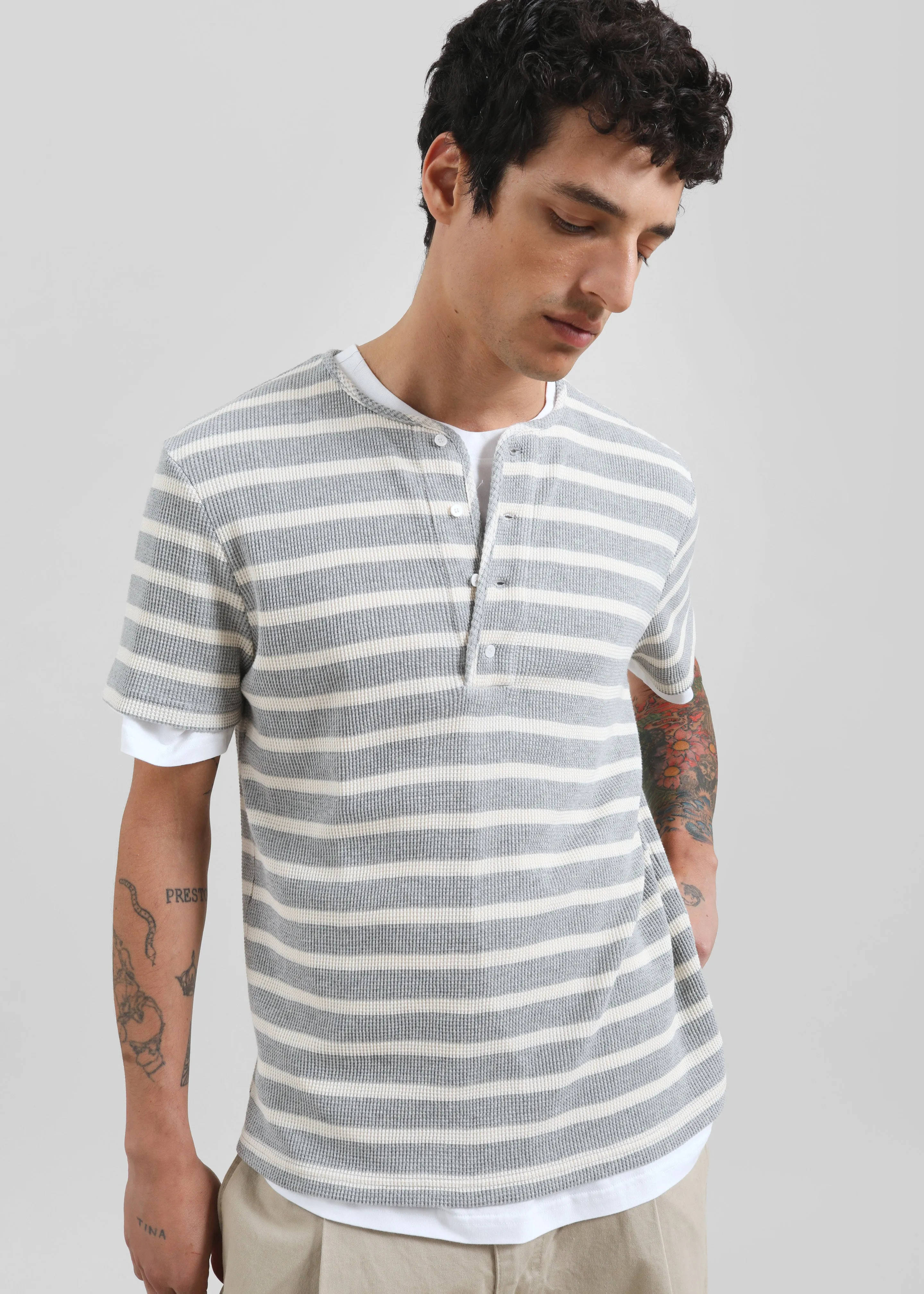 Albury Ribbed Cotton Henley T-Shirt - Grey/White Stripe sold by Frankie Shop