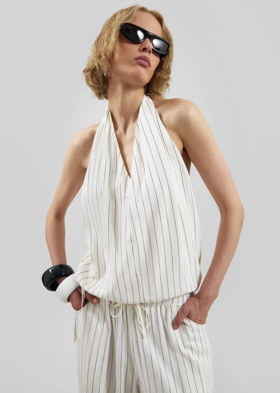 Branton Drawstring Halter Top - White/Black Pinstripe made by Frankie Shop