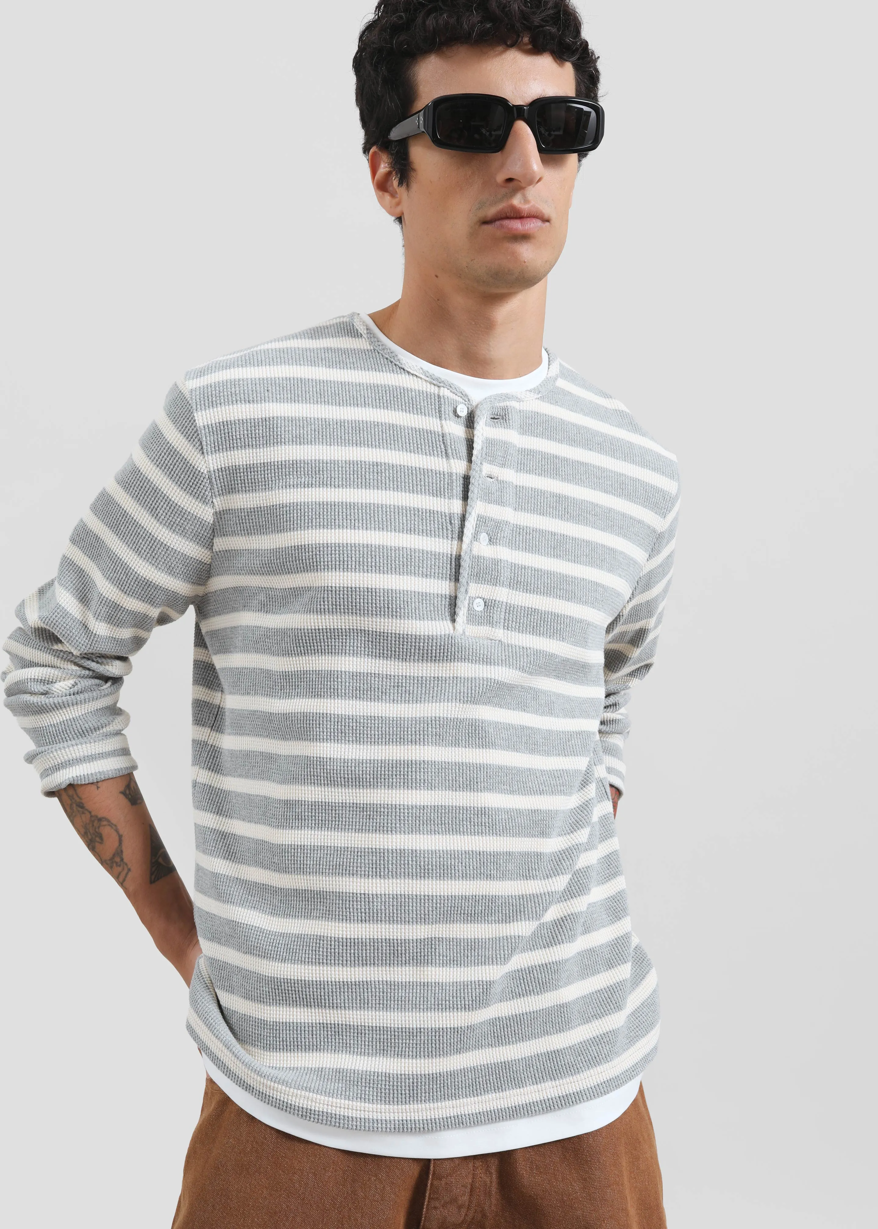 Bourke Soft Cotton Henley T-Shirt - Grey/White Stripe sold by Frankie Shop product image thumbnail 4