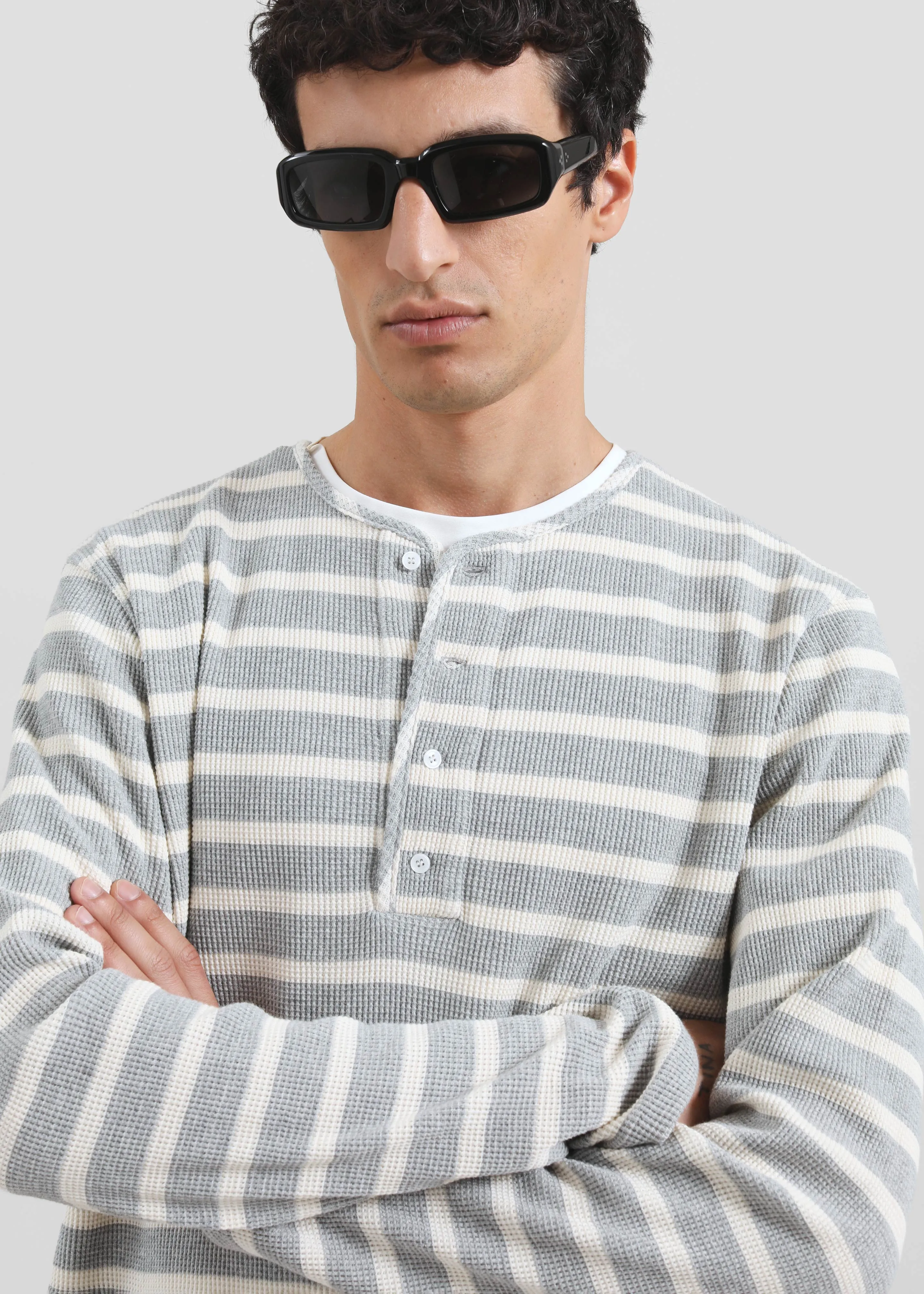 Bourke Soft Cotton Henley T-Shirt - Grey/White Stripe sold by Frankie Shop product image thumbnail 3