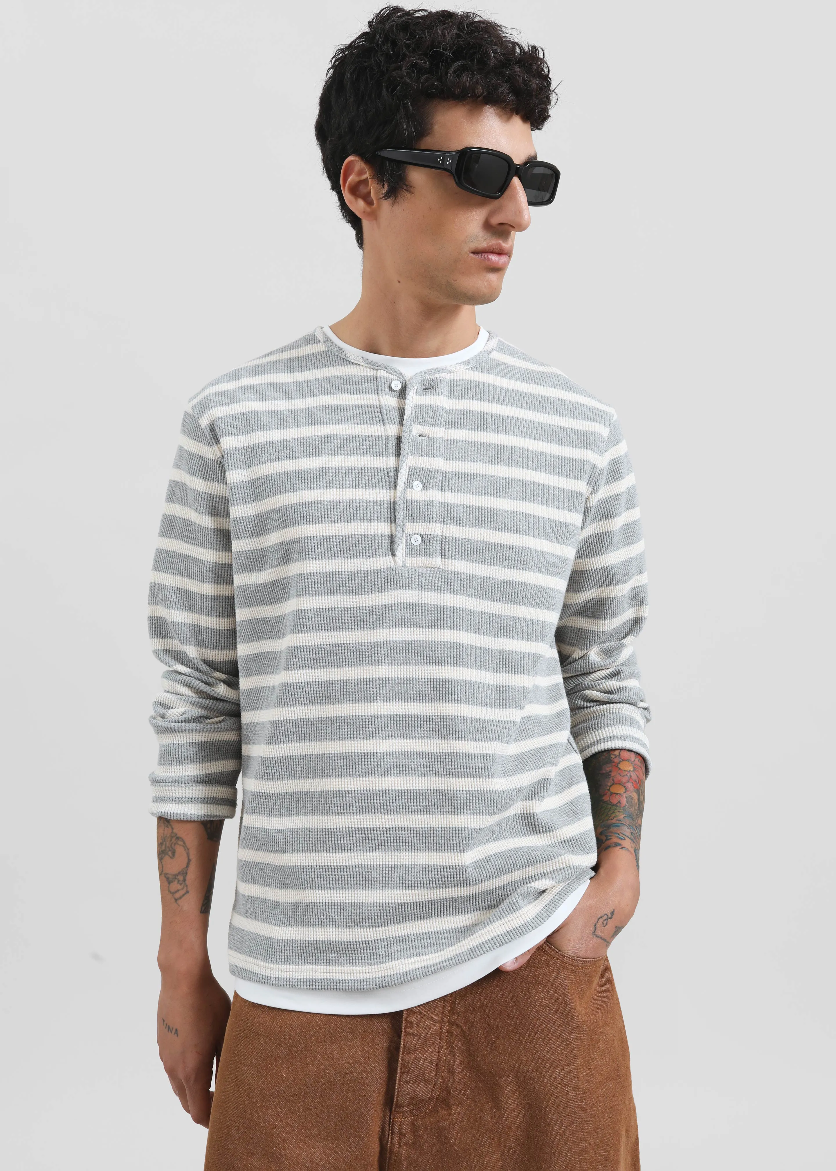 Bourke Soft Cotton Henley T-Shirt - Grey/White Stripe sold by Frankie Shop product image thumbnail 2
