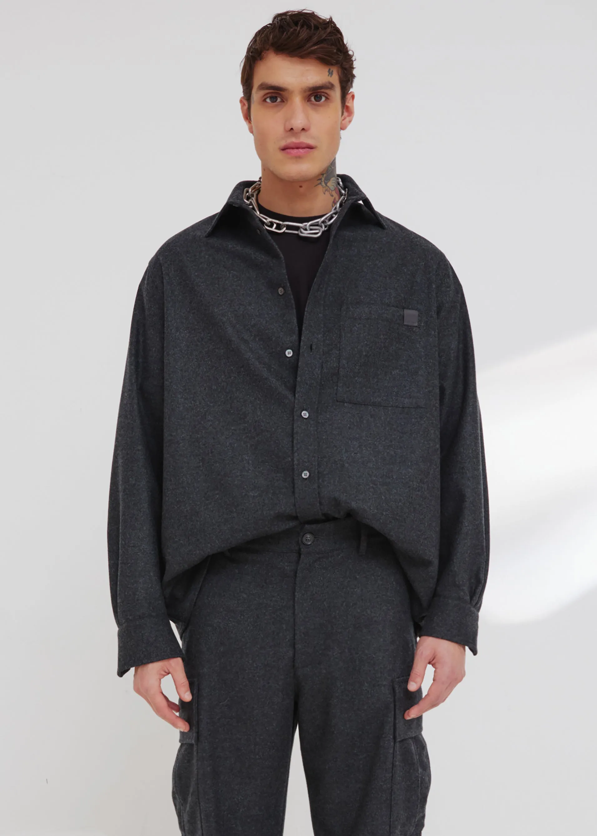 Darkpark Serge Wool Long Sleeved Shirt - Dark Grey Melange sold by Frankie Shop