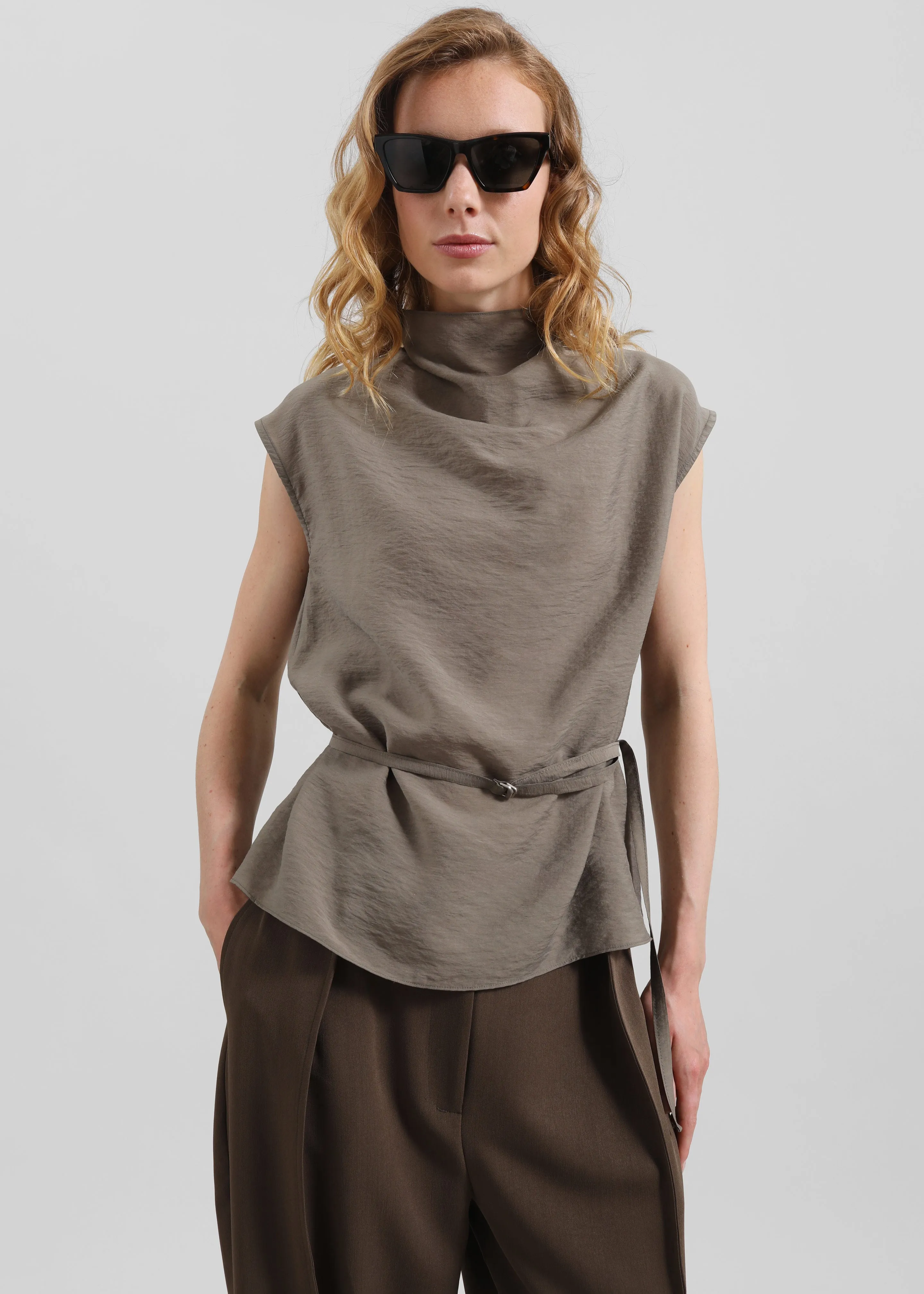 Ivara Fluid Belted Top - Dark Taupe sold by Frankie Shop