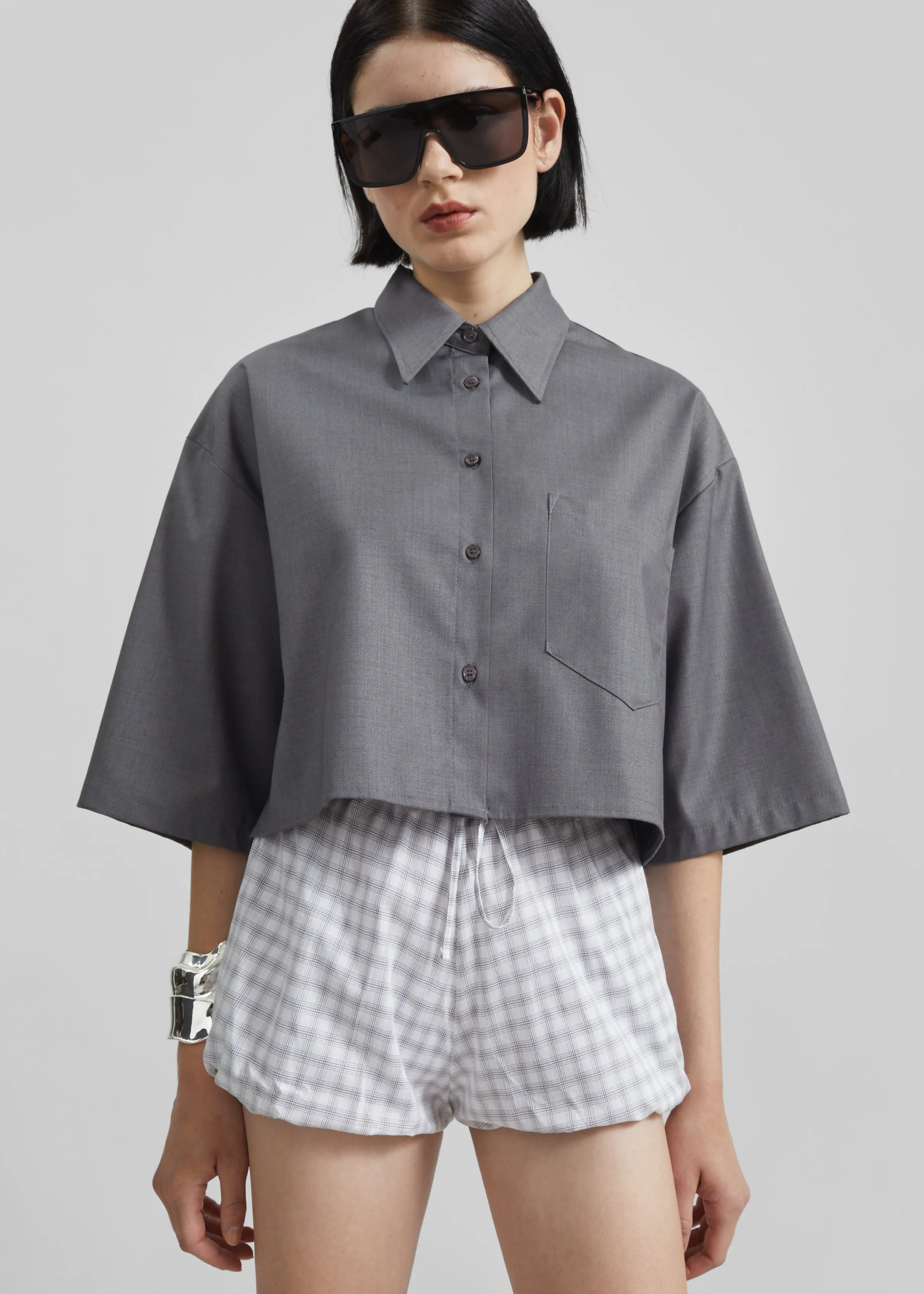 Meg Mini Balloon Shorts - Checked White sold by Frankie Shop