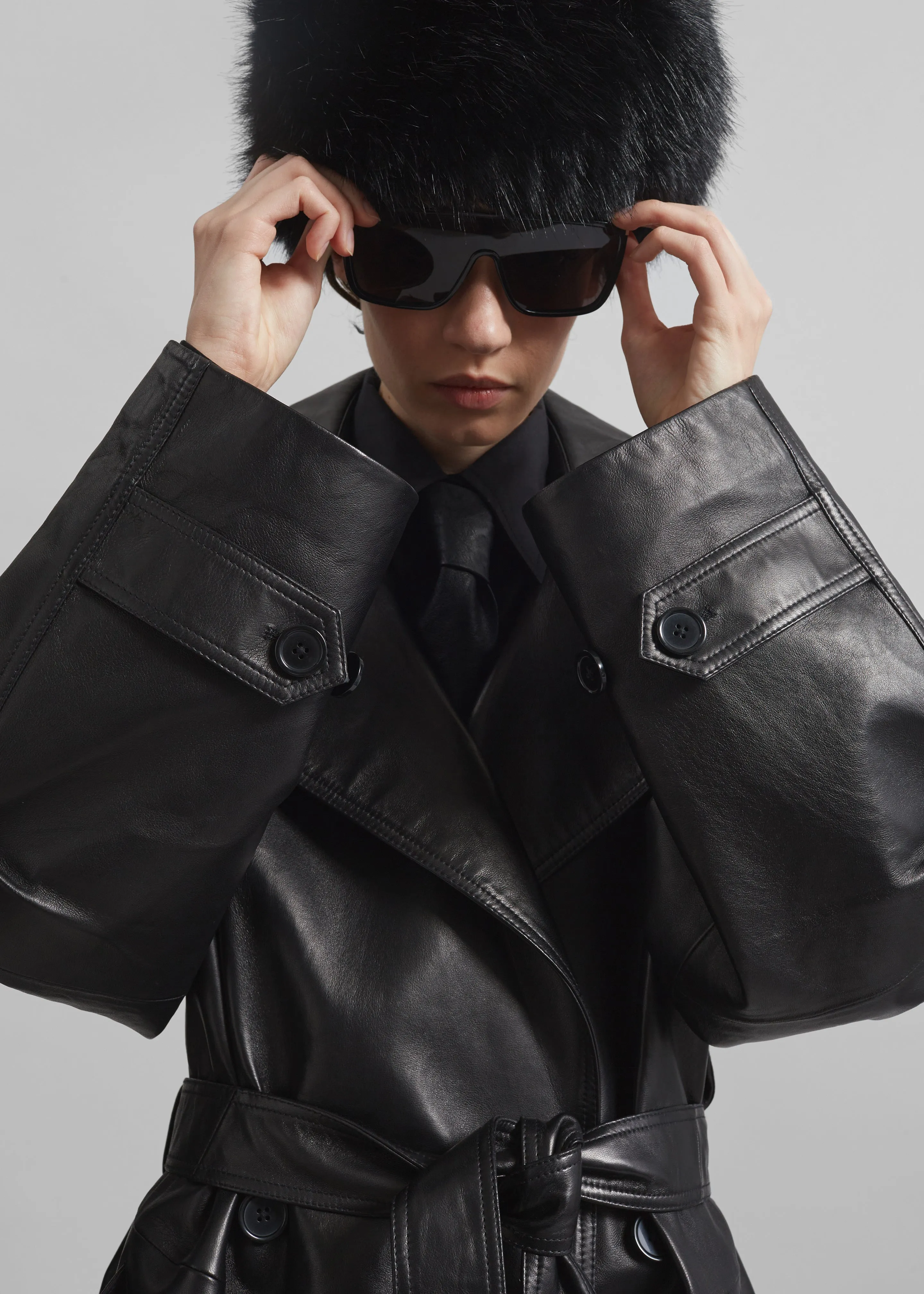 Zurich Oversized Faux Leather Short Trench - Black sold by Frankie Shop product image thumbnail 4