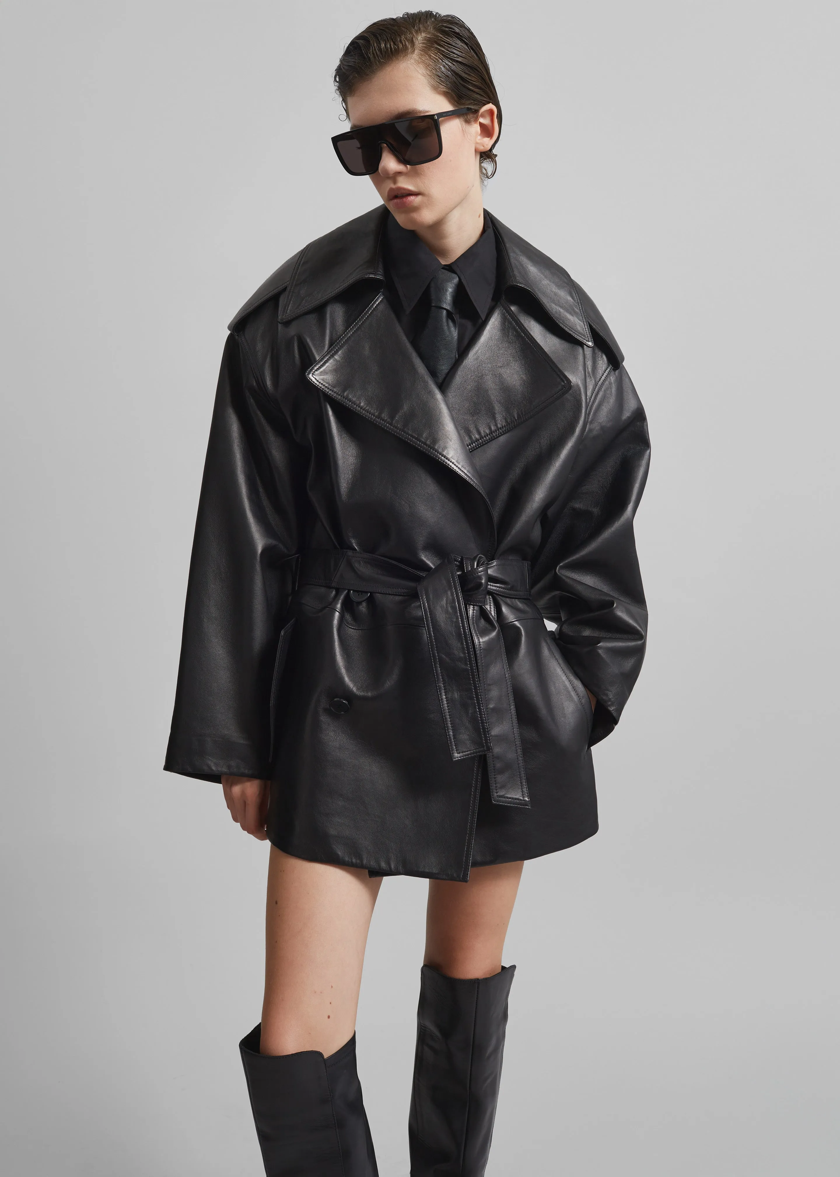 Zurich Oversized Faux Leather Short Trench - Black sold by Frankie Shop product image thumbnail 2