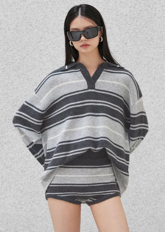 Belize Knit Polo Sweater - Grey Stripe sold by Frankie Shop