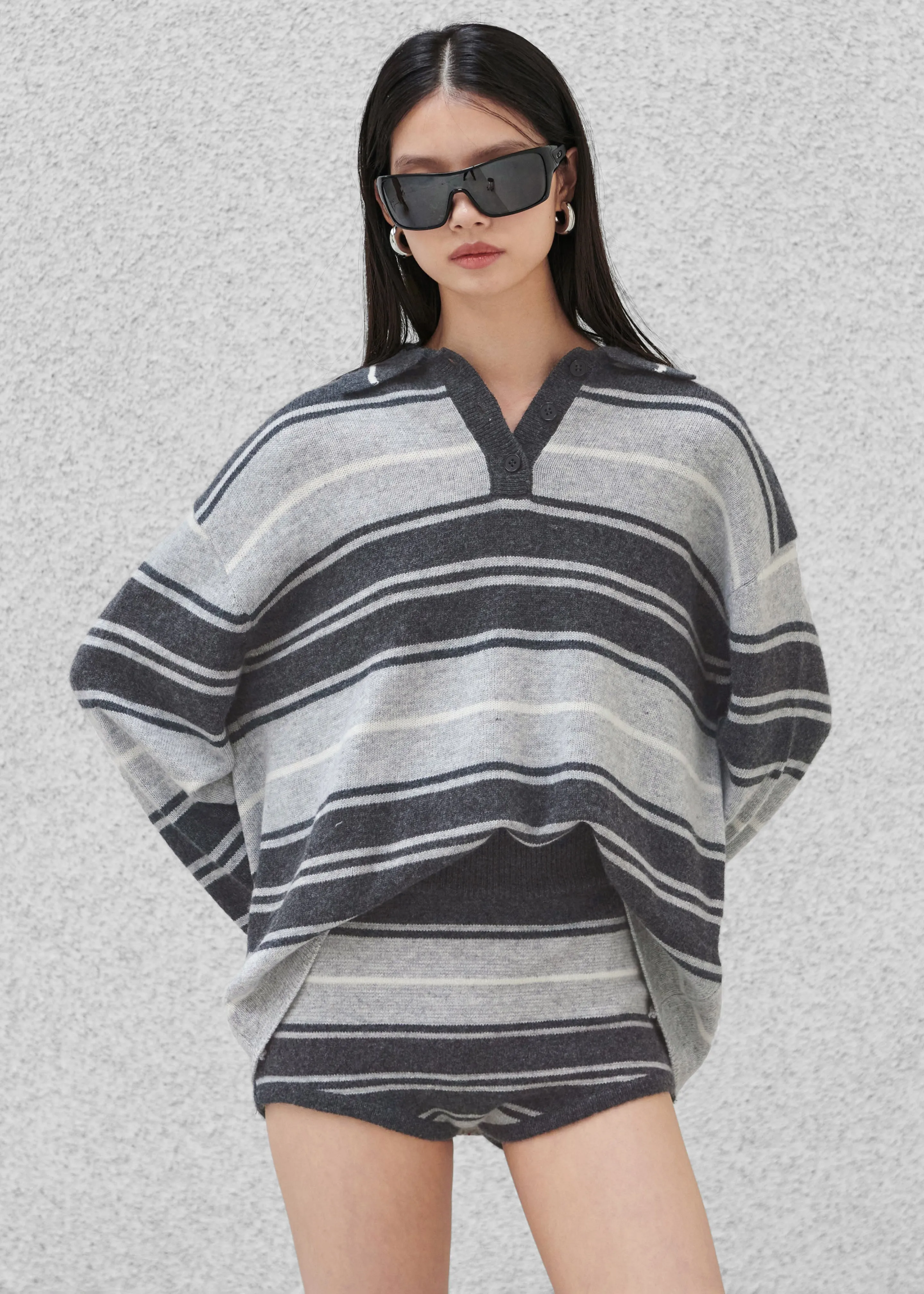Belize Knit Polo Sweater - Grey Stripe sold by Frankie Shop