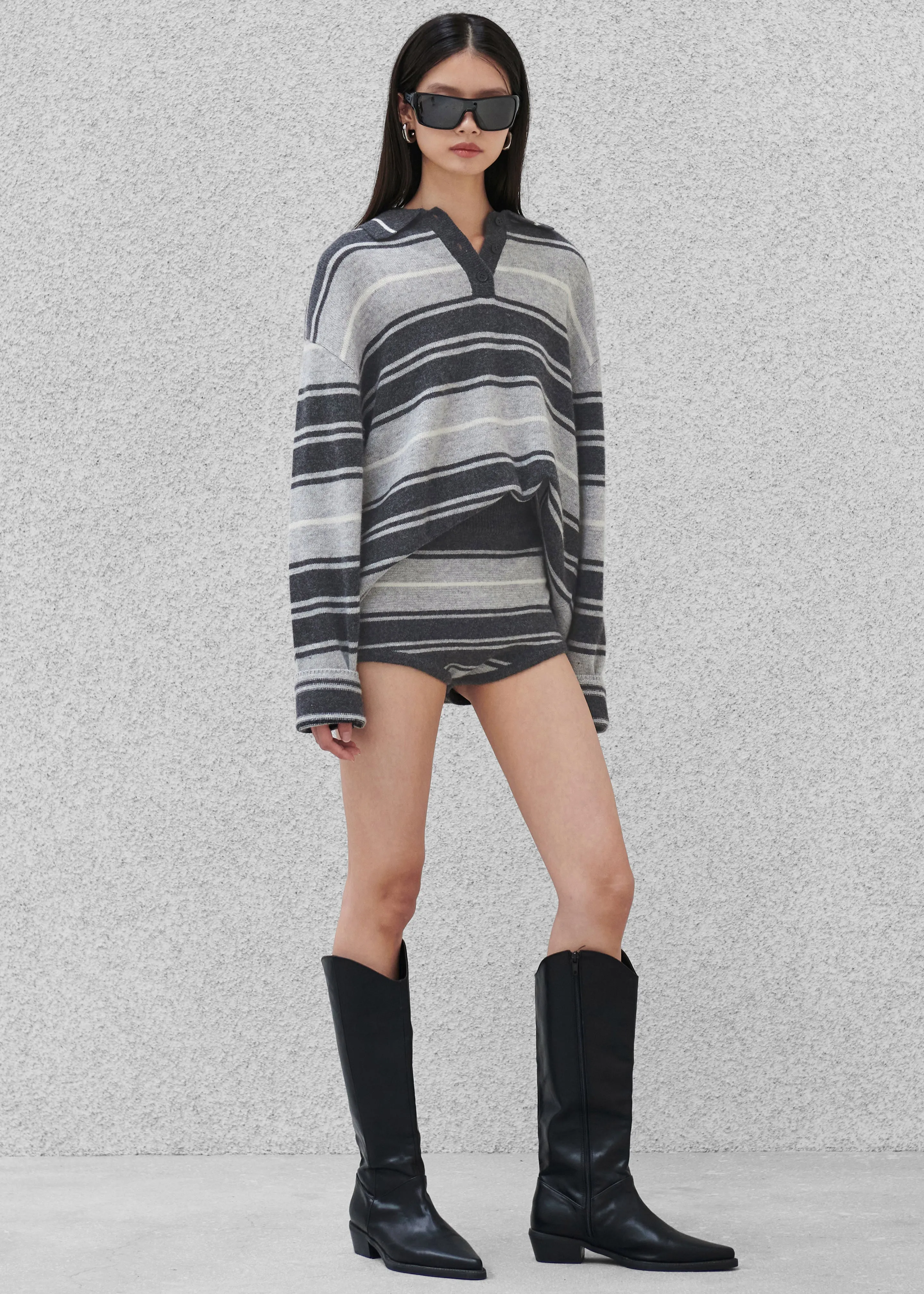 Belize Knit Polo Sweater - Grey Stripe sold by Frankie Shop product image thumbnail 2