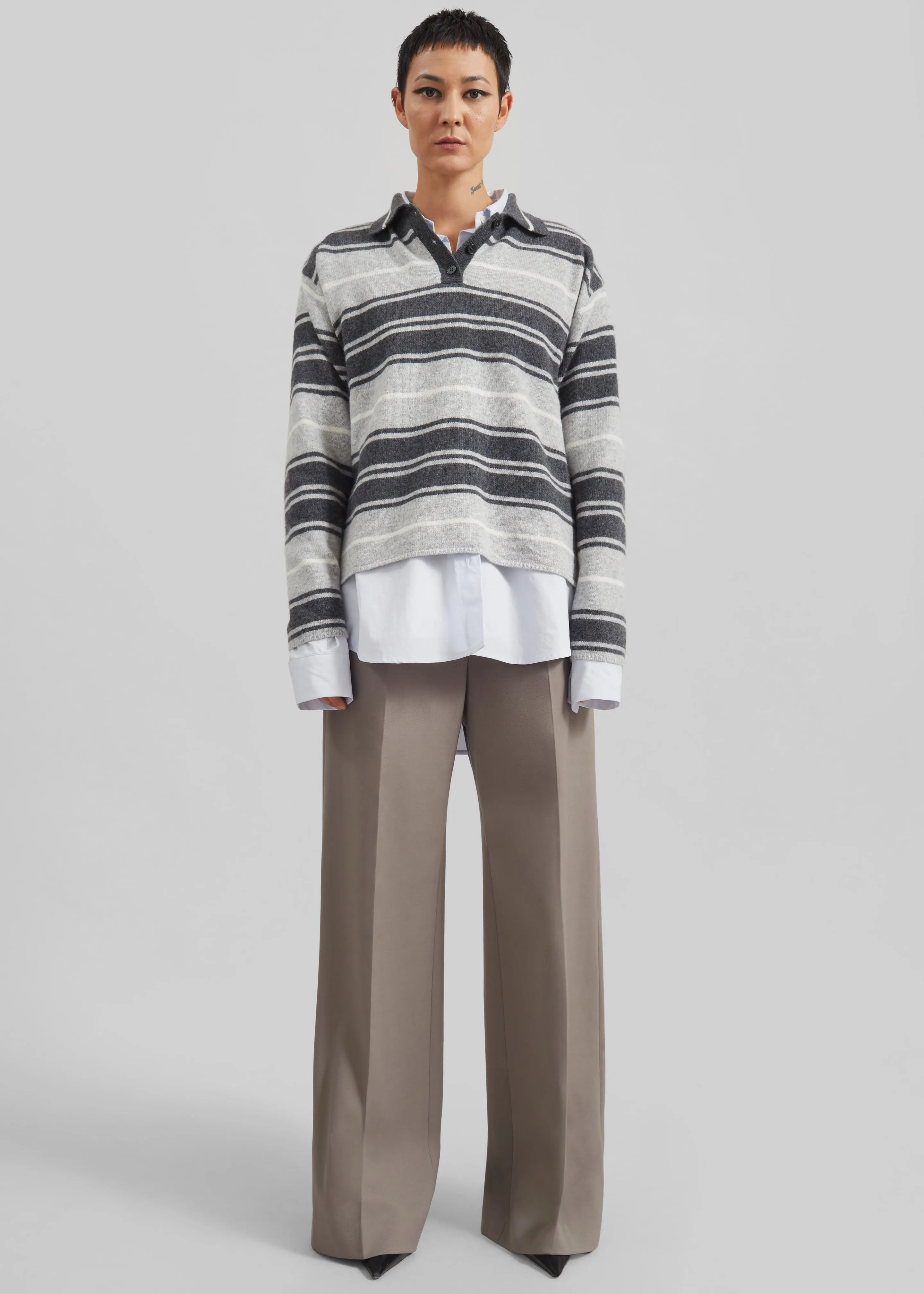 Belize Knit Polo Sweater - Grey Stripe sold by Frankie Shop product image thumbnail 3