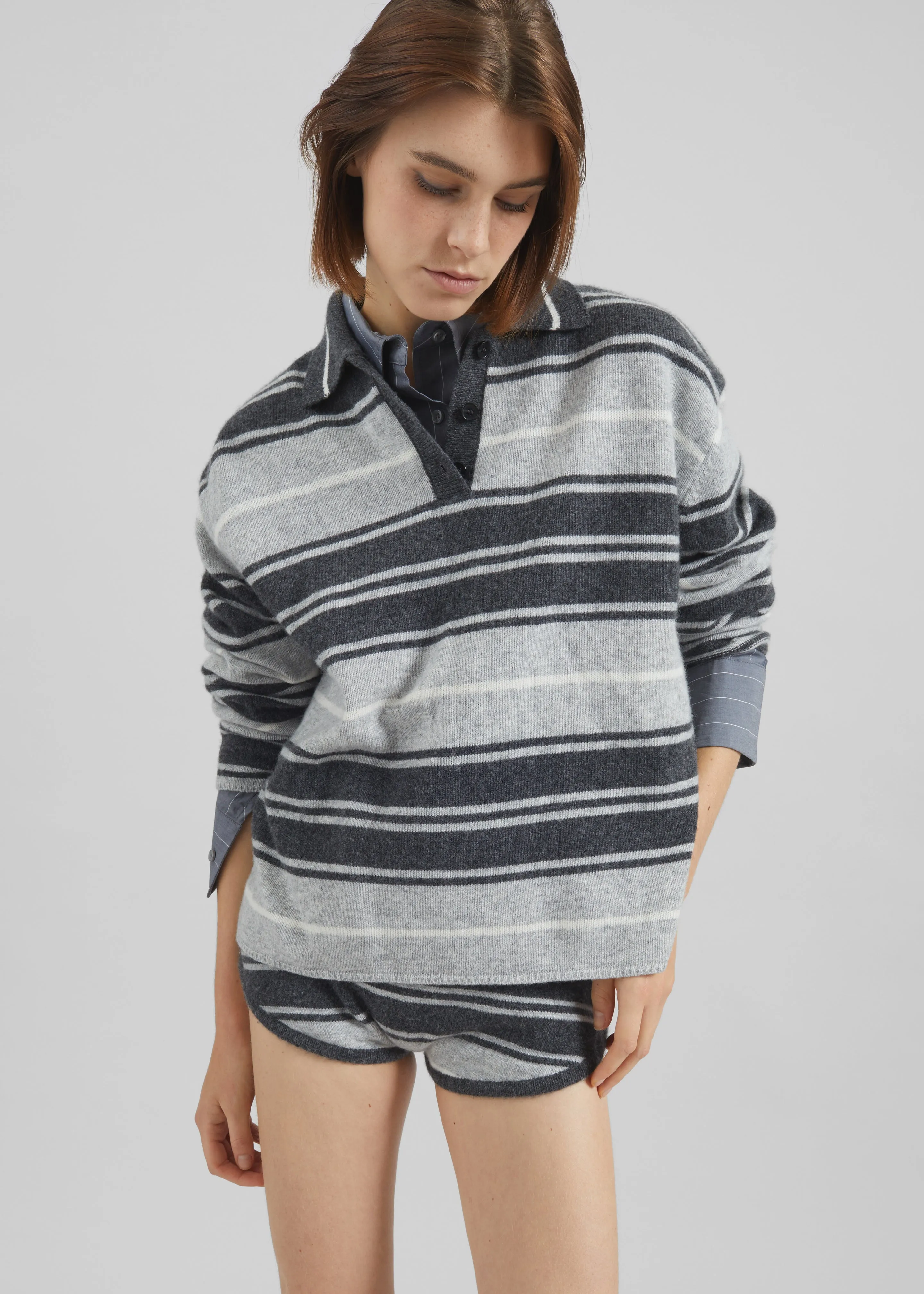 Belize Knit Polo Sweater - Grey Stripe sold by Frankie Shop product image thumbnail 4