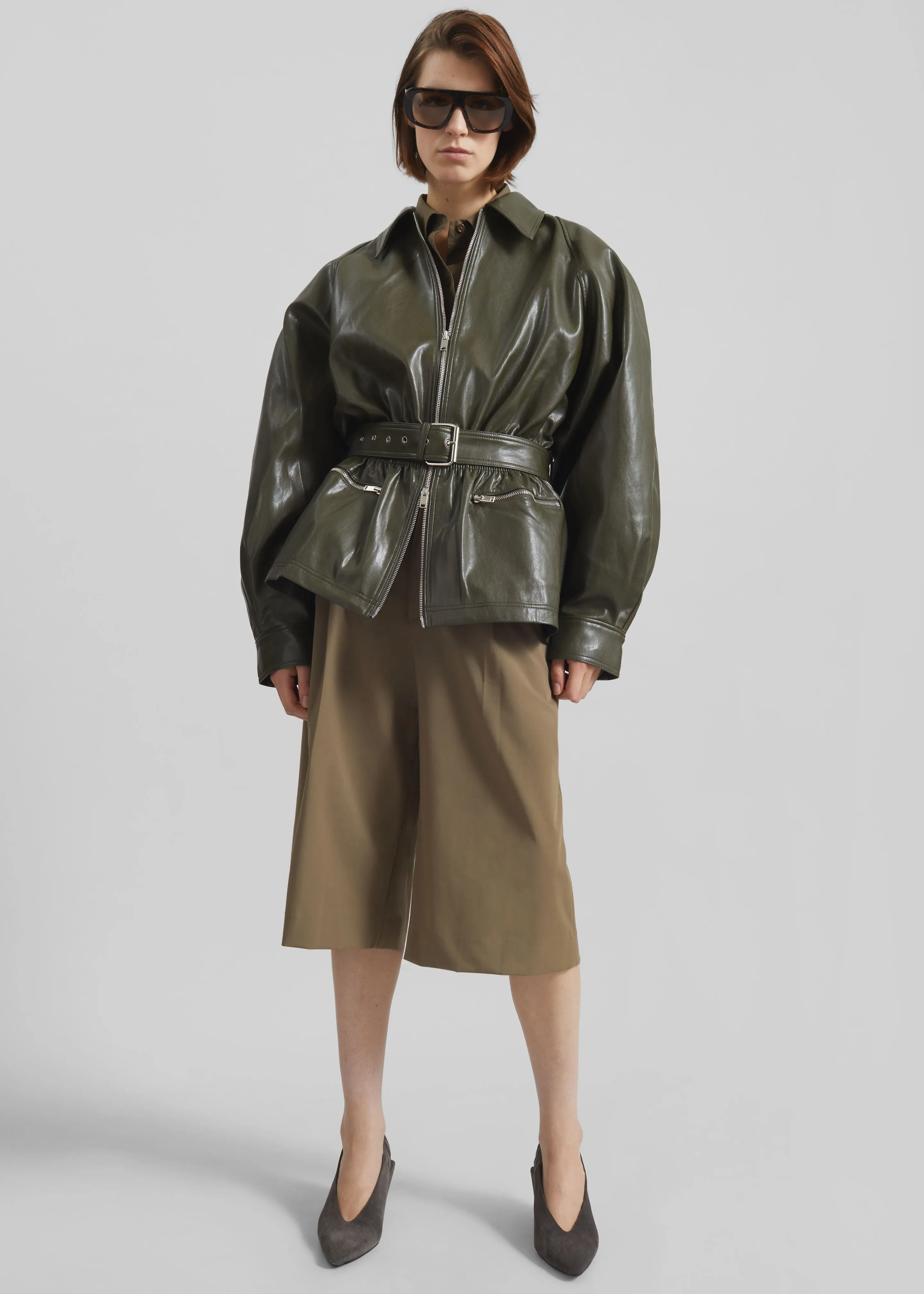 Annette Faux Leather Peplum Jacket - Olive sold by Frankie Shop