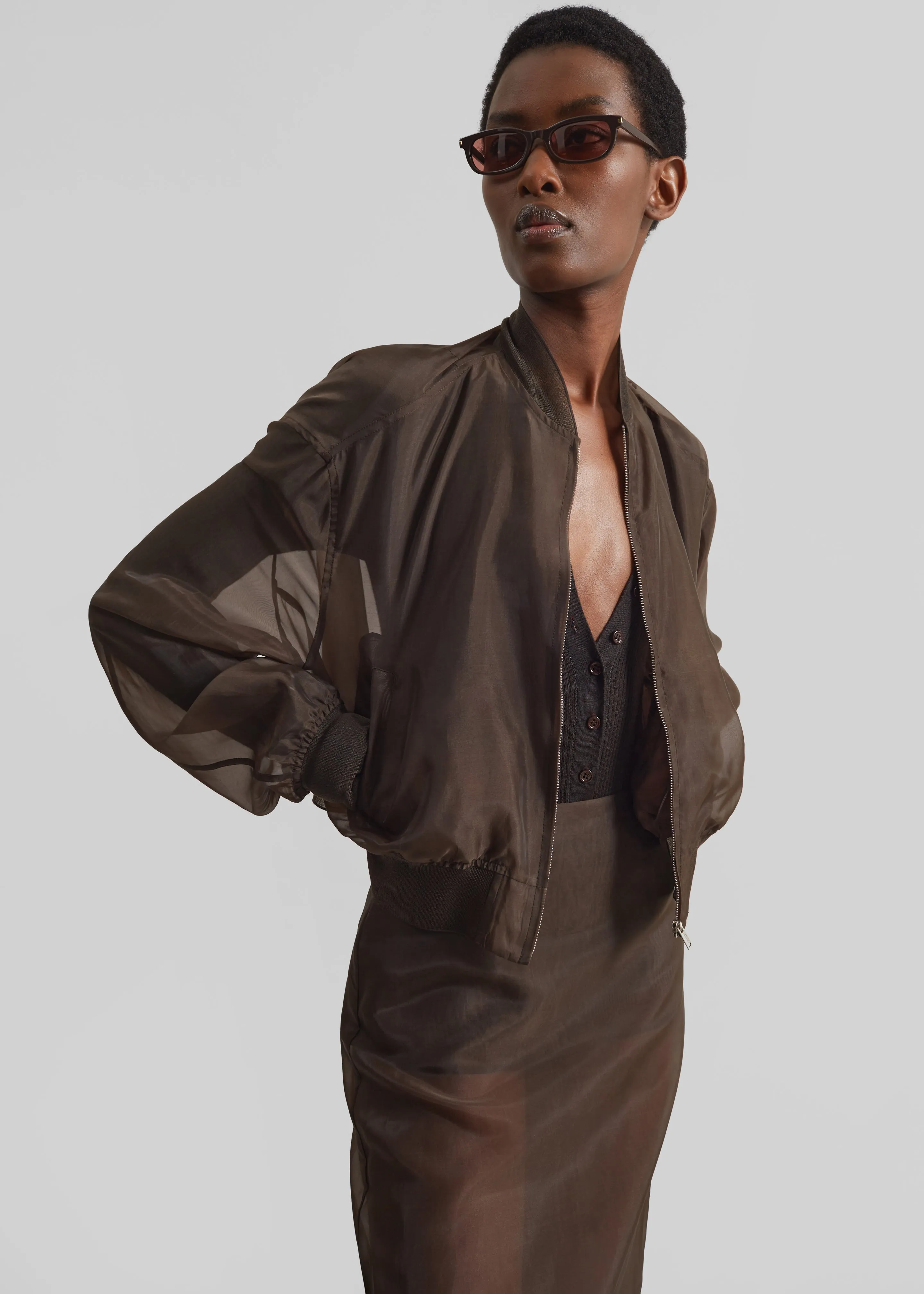 Micky Cropped Sheer Bomber - Brown sold by Frankie Shop