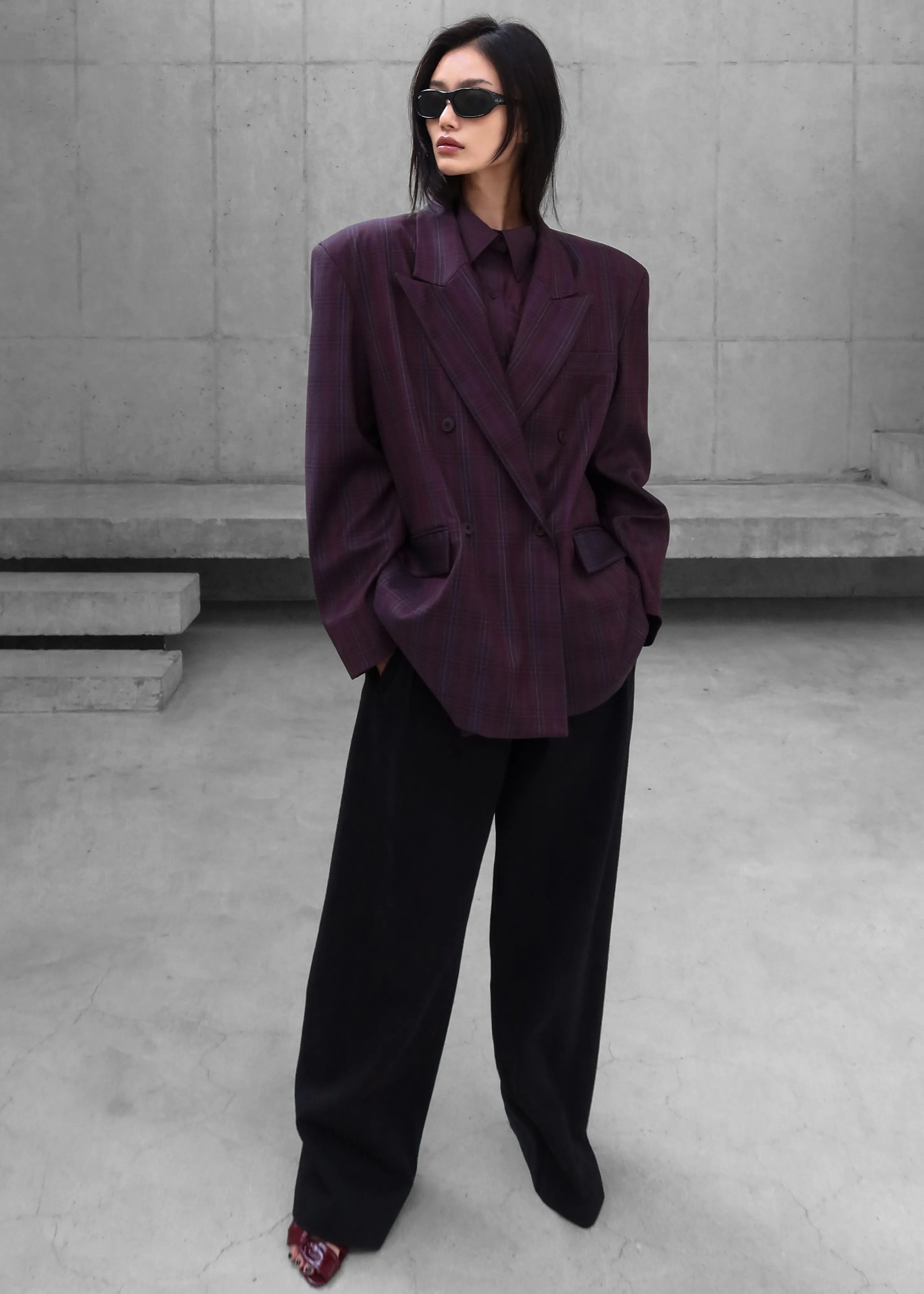 Dinant Padded Double-Breasted Blazer - Burgundy Plaid sold by Frankie Shop