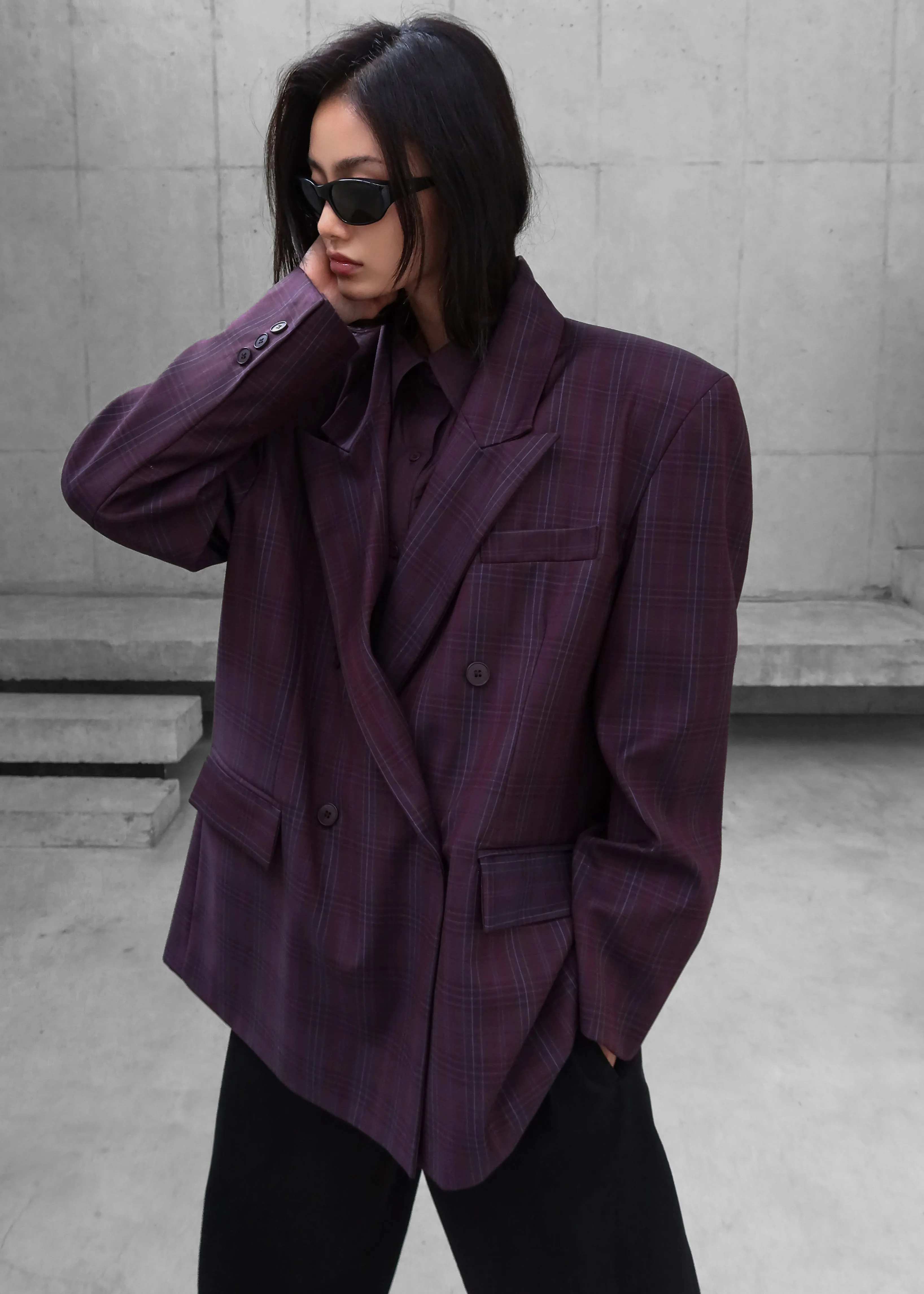 Dinant Padded Double-Breasted Blazer - Burgundy Plaid sold by Frankie Shop product image thumbnail 2