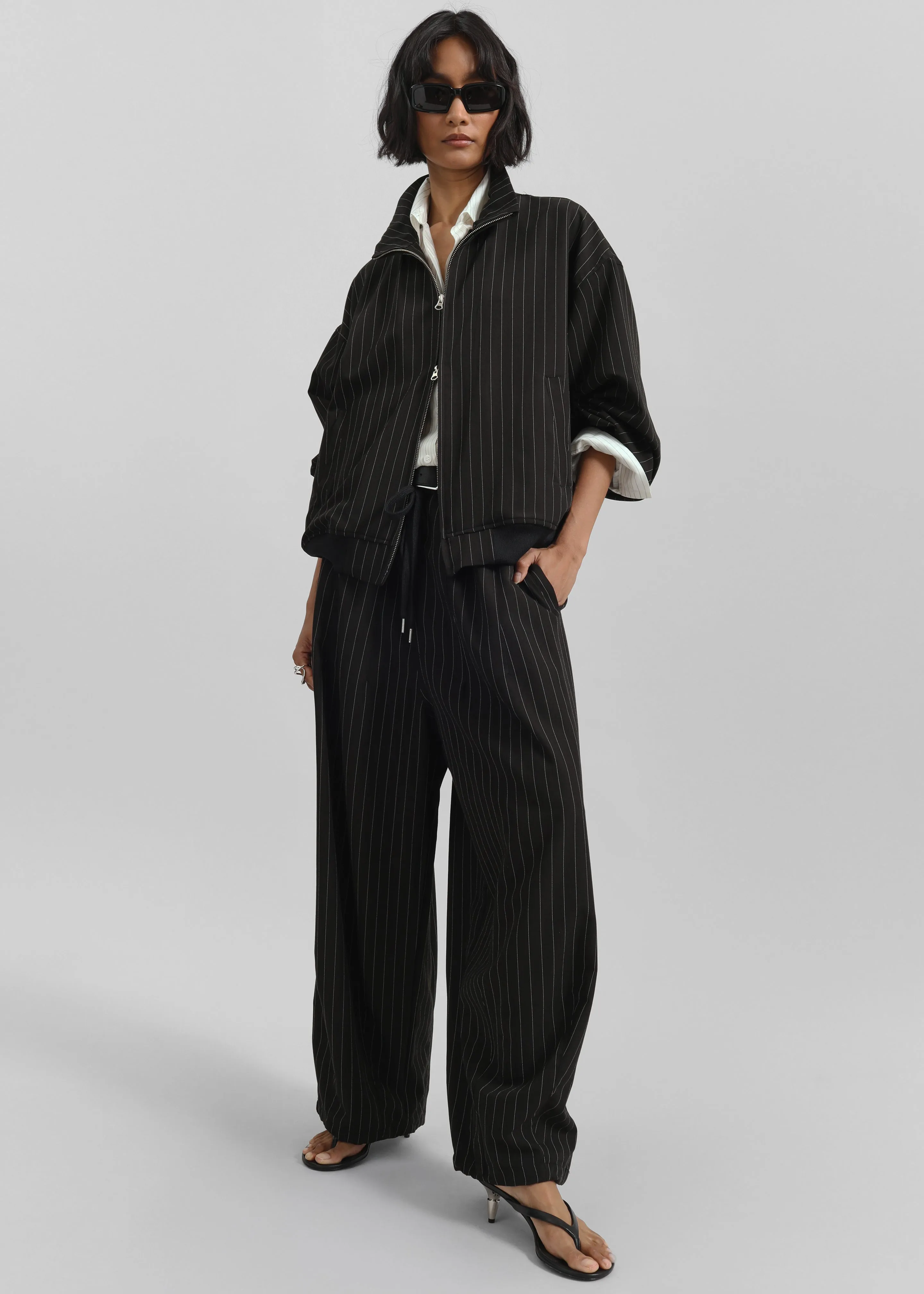 Rilton Drawstring Pants - Black/White Pinstripe sold by Frankie Shop