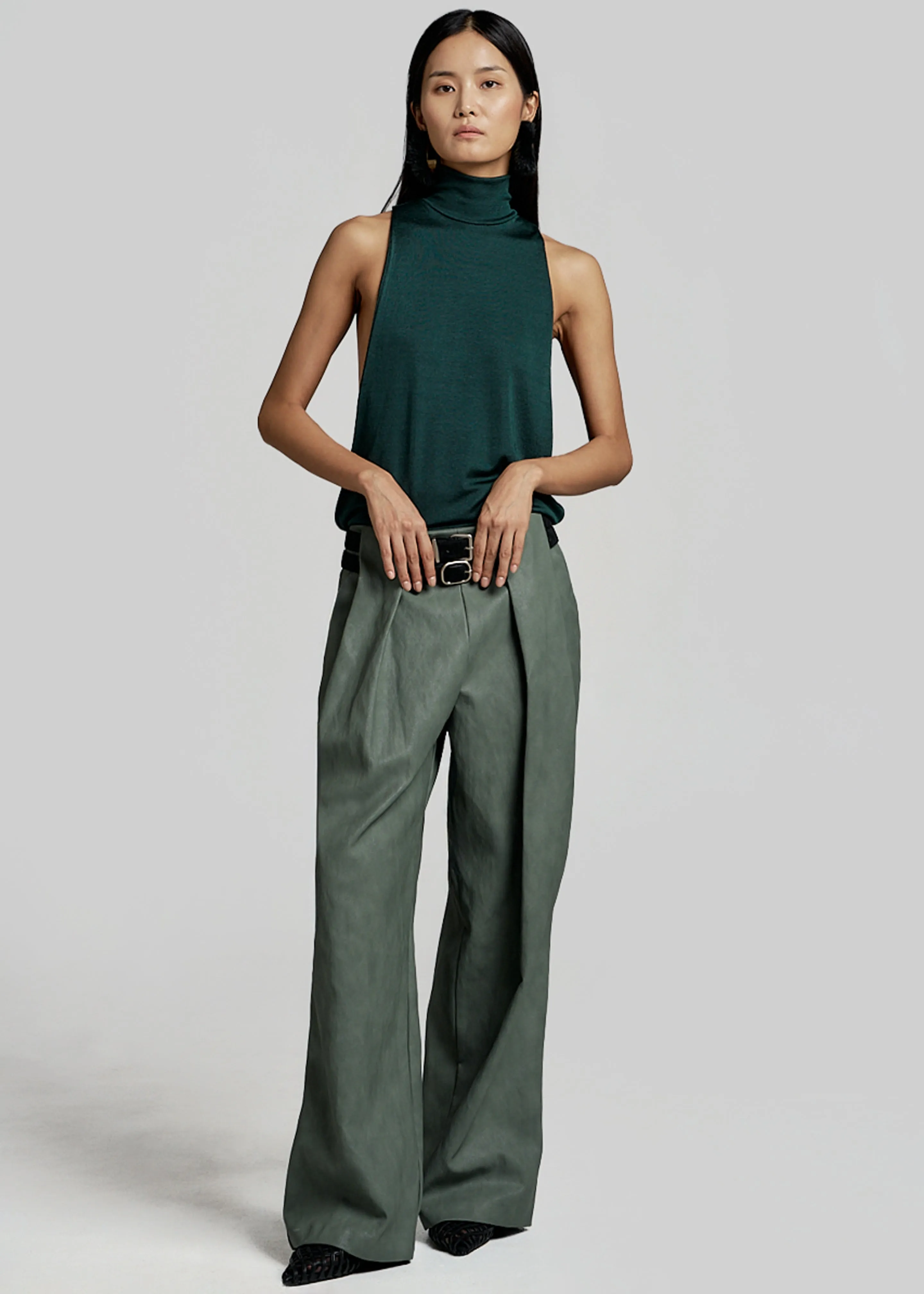 Olivet Faux Leather Trousers - Moss Green sold by Frankie Shop