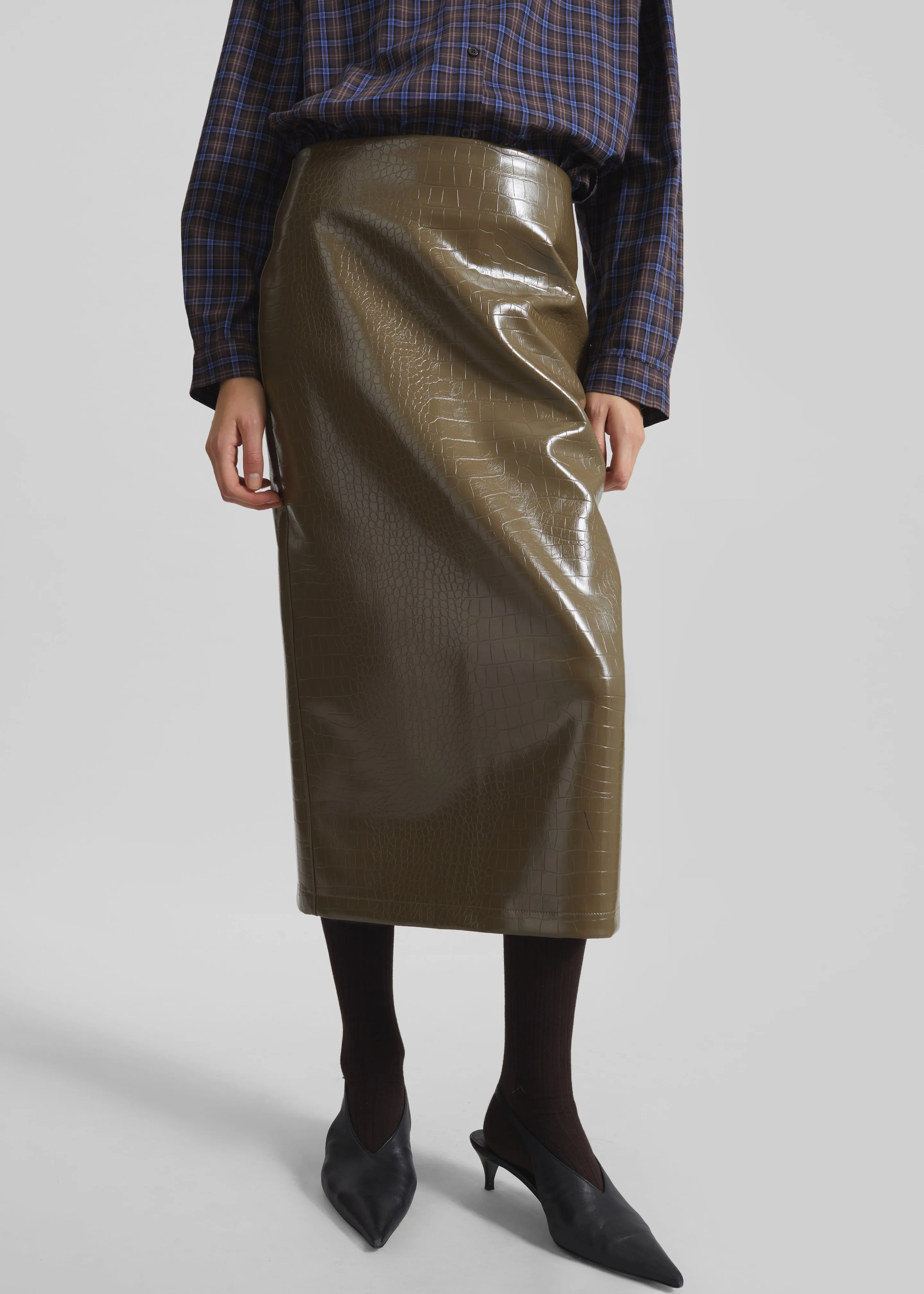 Charleroi Faux Leather Croc Midi Skirt - Olive Brown sold by Frankie Shop product image thumbnail 3
