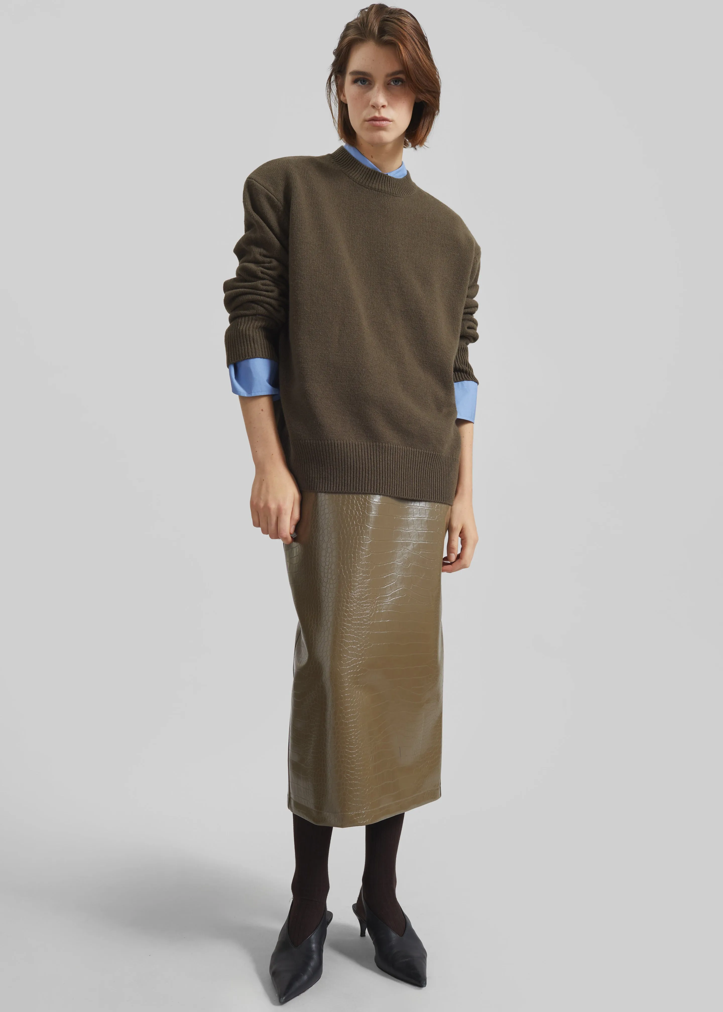 Charleroi Faux Leather Croc Midi Skirt - Olive Brown sold by Frankie Shop product image thumbnail 4